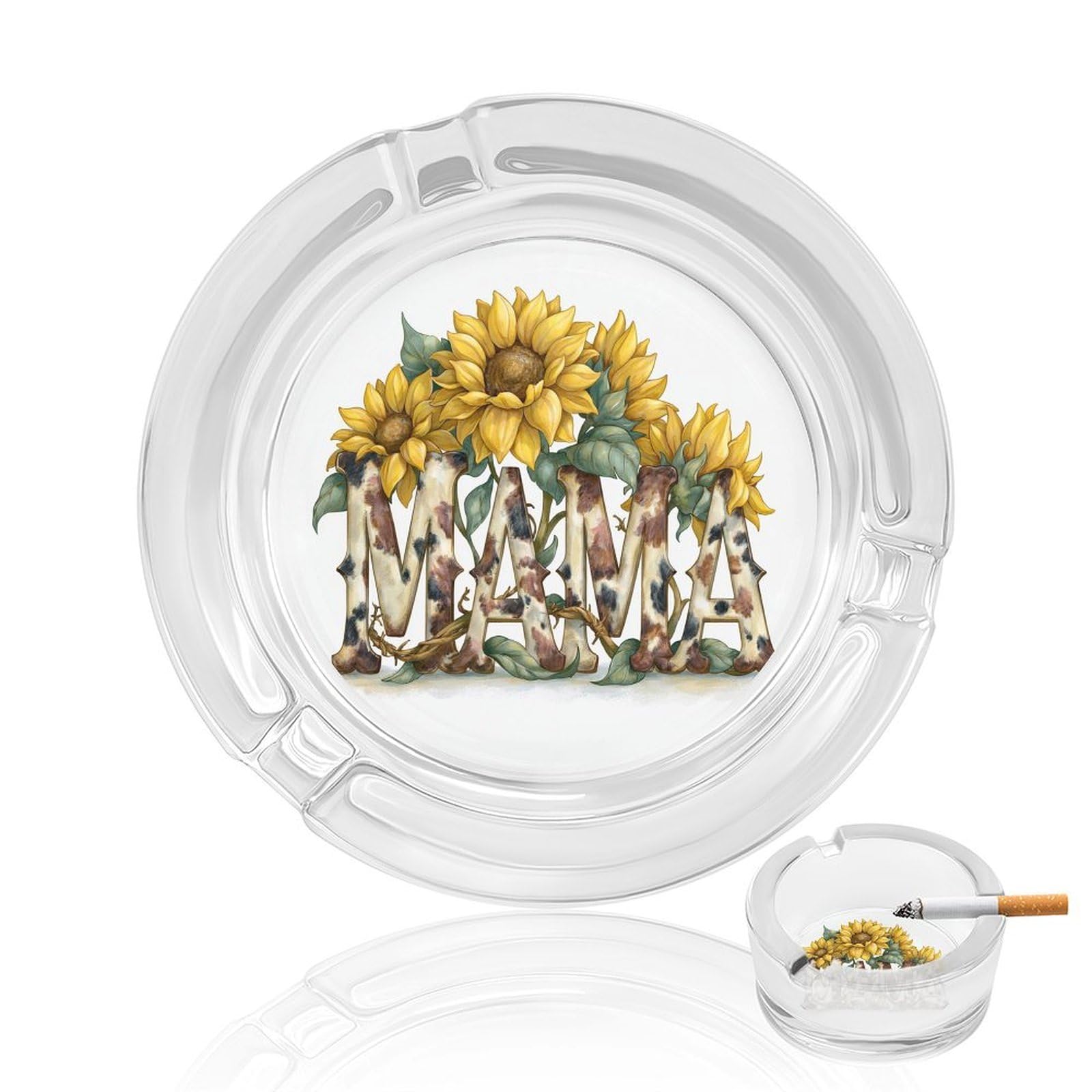 Word MAMA Western Yellow Sunflowers Glass Ashtray for Cigarettes Portable Decorative Ash Trays for Home Office Decor