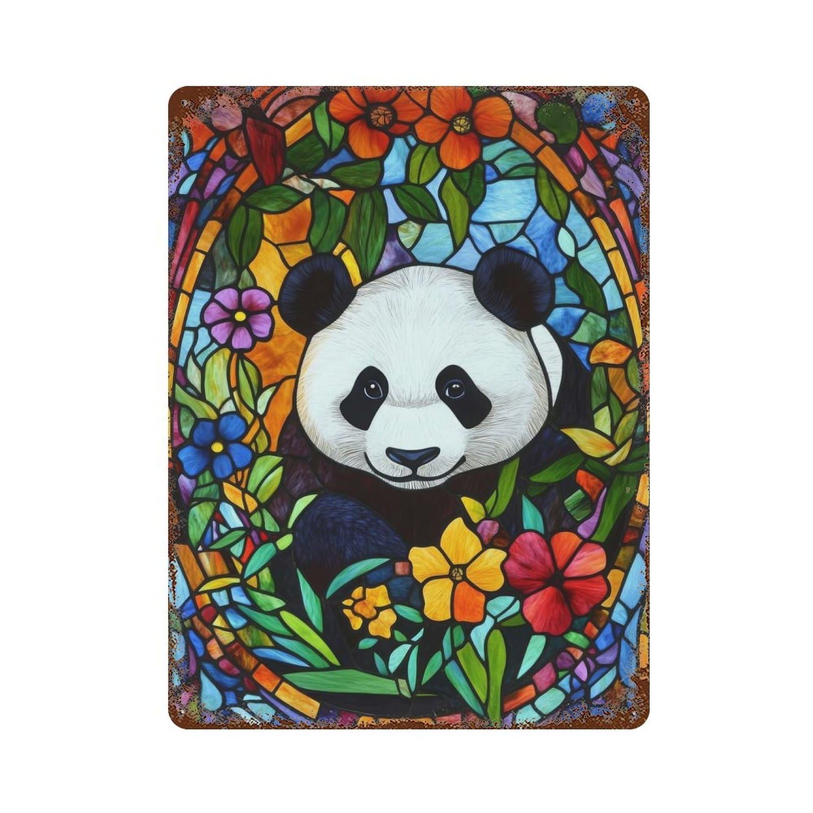 Panda Stained Glass Aged Metal Wall Plaque 15.7"x11.8", for Living Room, Hallway And Home Decor, Shabby Chic Decor