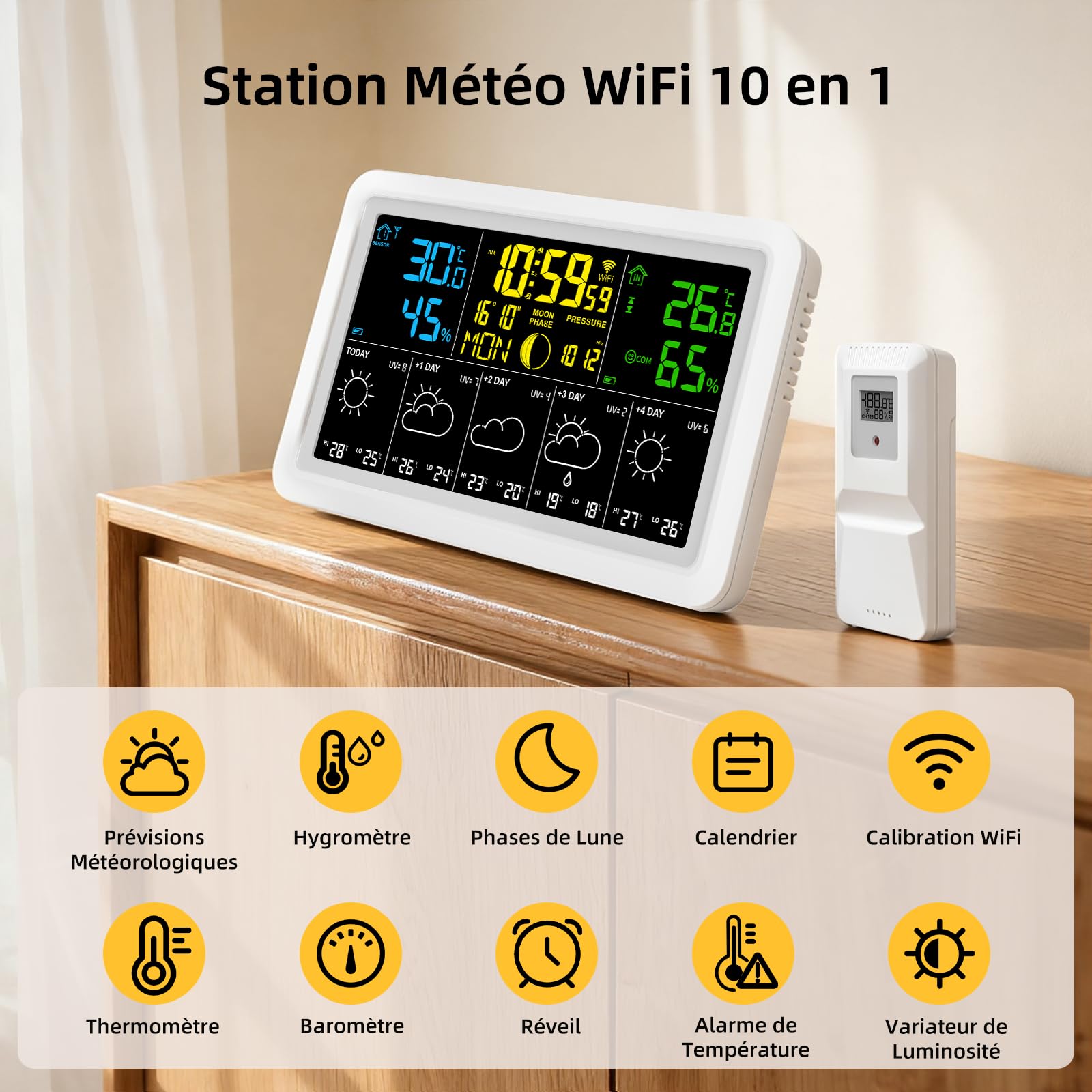 Station Météo Sans Fil, Thermometre Interieur Exterieur avec Capteur Externe, 4 Rétroéclairage Réglable, 7,5" Station Meteo Connectée, Prévisions Météo,Baromètre, Alarme,Thermomètre Hygromètre