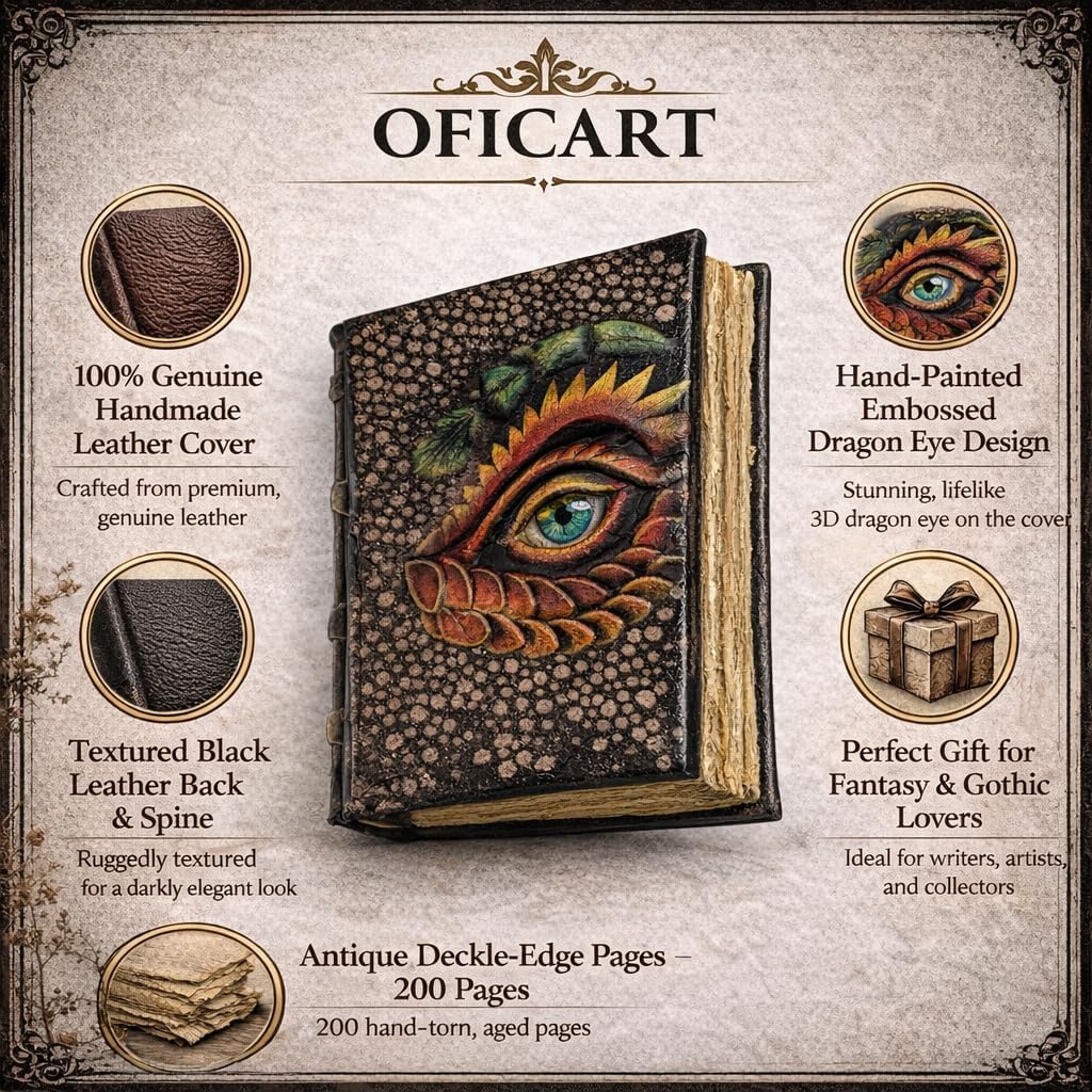 Oficart Handmade Journal – Vintage Leather Notebook with 200 Deckle Edge Pages with Rustic Leather Cover, Travel Diary, Sketchbook & Writing Notebook for Men & Women (Dragon Eye)