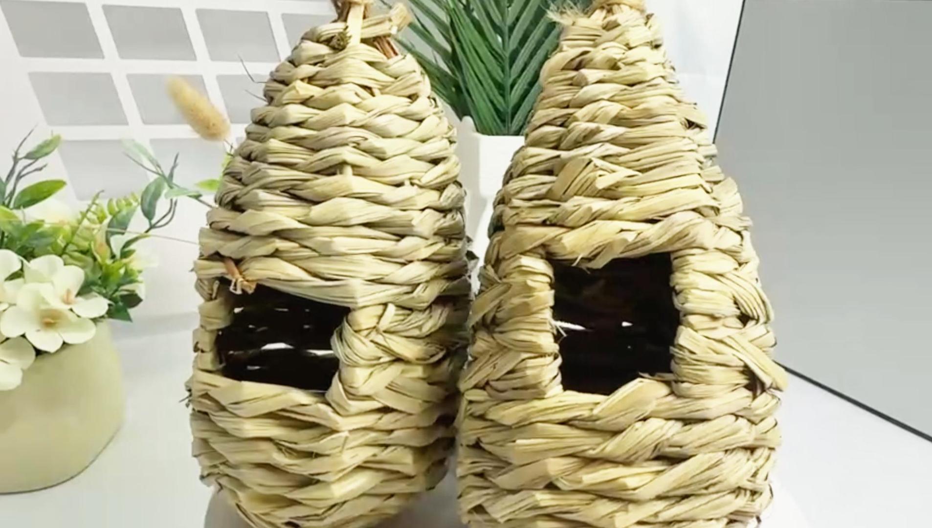 2 Nidi Per Uccelli In Erba Intrecciata A Mano - Casetta Appesa Per Esterno Per Canarini, Pappagallini - Naturale E Resistente - Foto 7