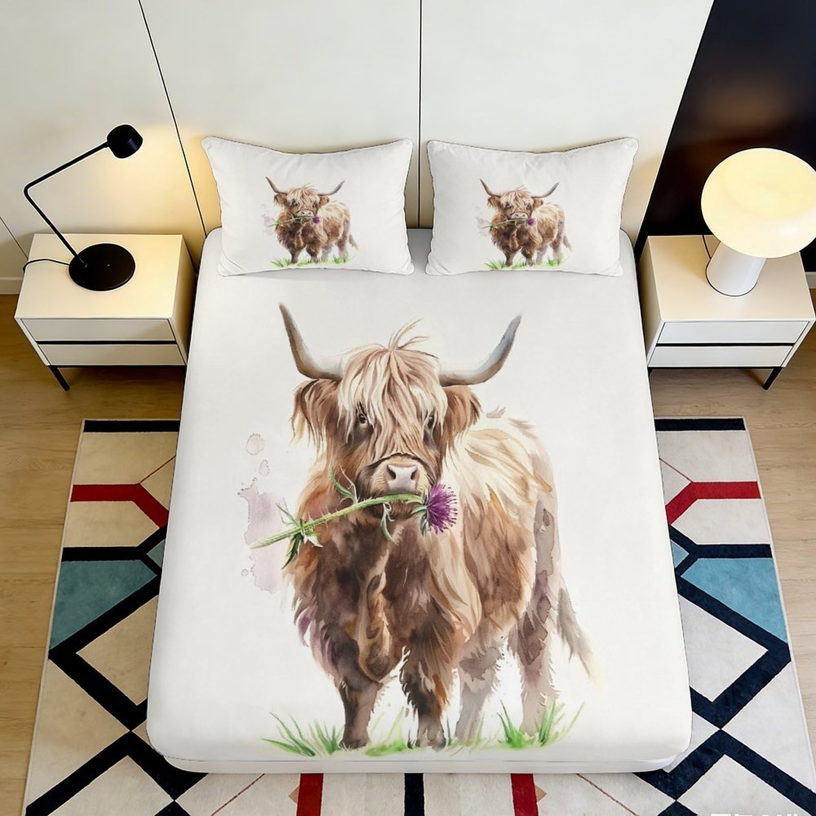 3D Printed Highland Cow Fitted Sheet Microfiber Soft Breathable Floral Mattress Cover for Bedroom Dormitory Guest Room Decor 140x200x25cm
