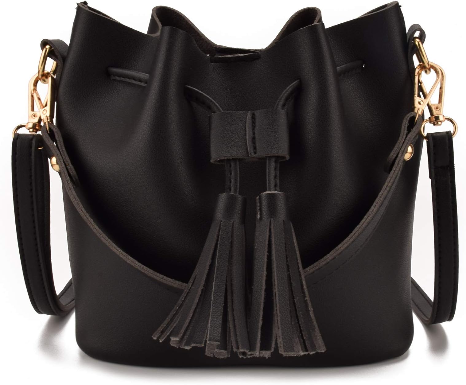Jiaruo Women Leather Tassel Design Ladies Drawstring Handbags Shoulder bag (black)