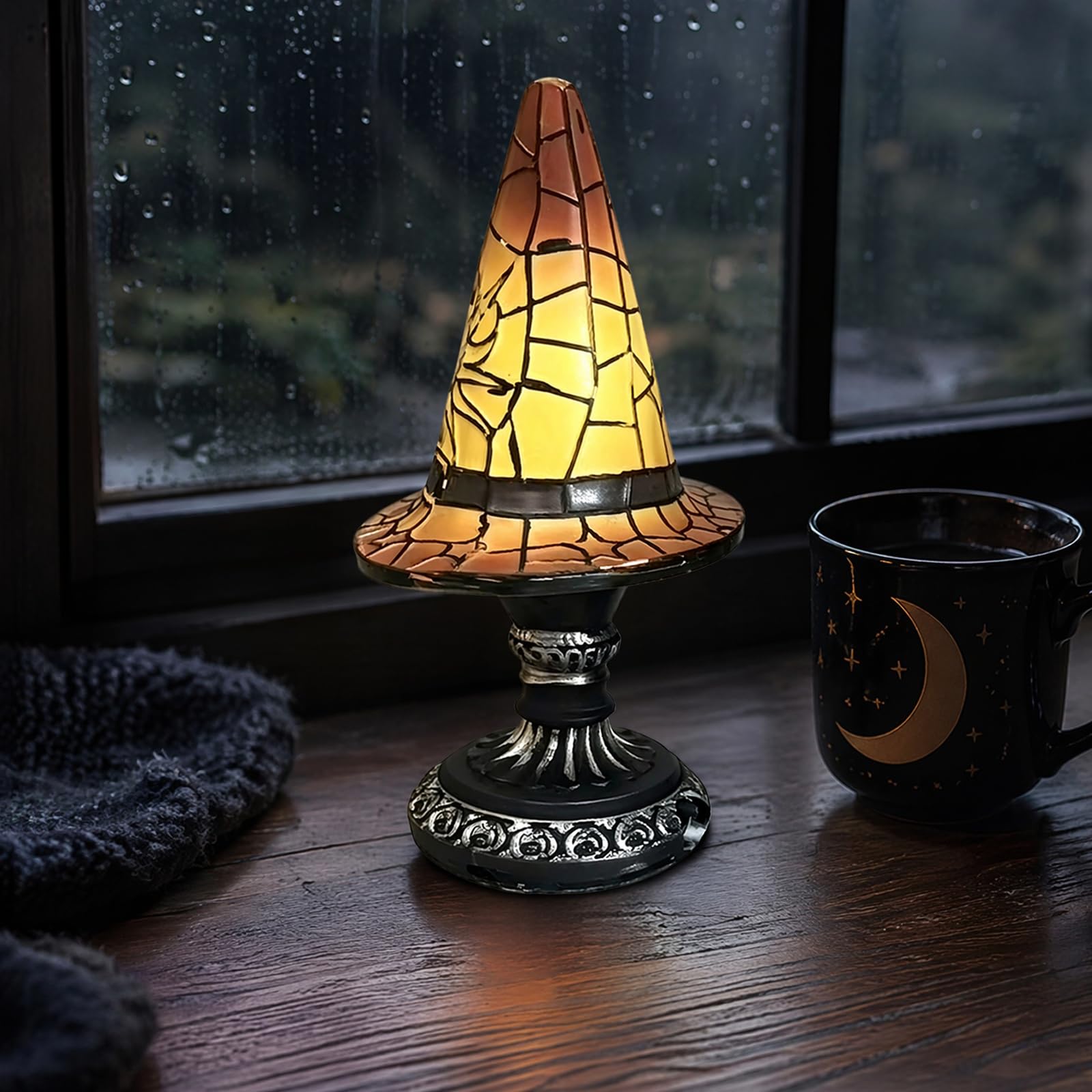 CRGANGZY Stained Glass Witch Hat Lamp, USB Powered Gothic Wizard Hat Table Lamp for Halloween Lovers Bedroom Party and Home Decor, Wizard Hats Night Light Halloween Home Decor