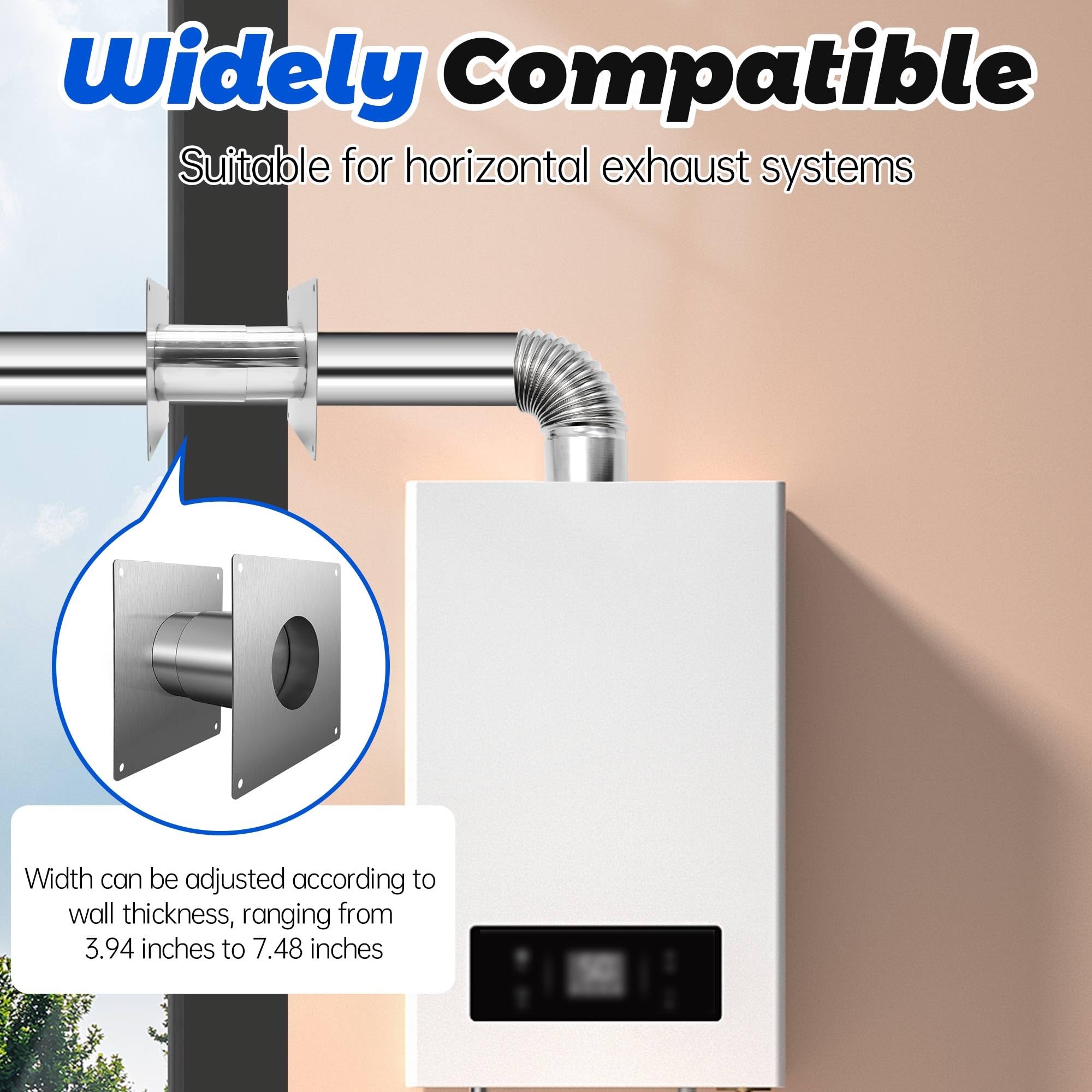 Dedal de pared de ventilación directa de acero inoxidable de 3.15 pulgadas de grosor para calentador de agua a gas interior, longitud extensible de 3.94 a 7.48 pulgadas