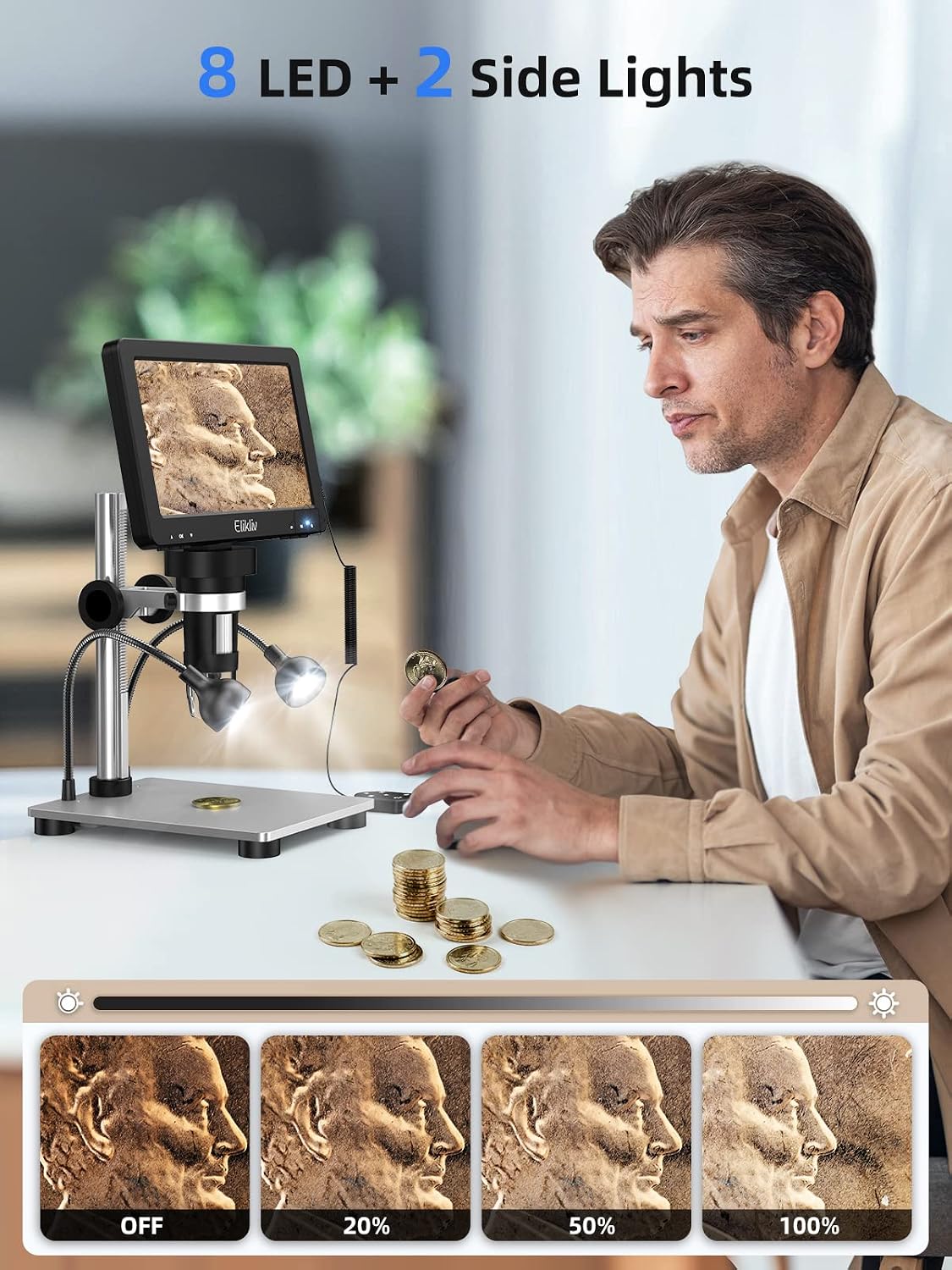 Elikliv LCD Digital Microscope 1200X, 7" 1080P Coin Microscope with 12MP Ultra-Precise Focusing, 10 LED Fill Lights, Wired Remote, PC View, Metal Stand, Windows/Mac Compatible, 32GB