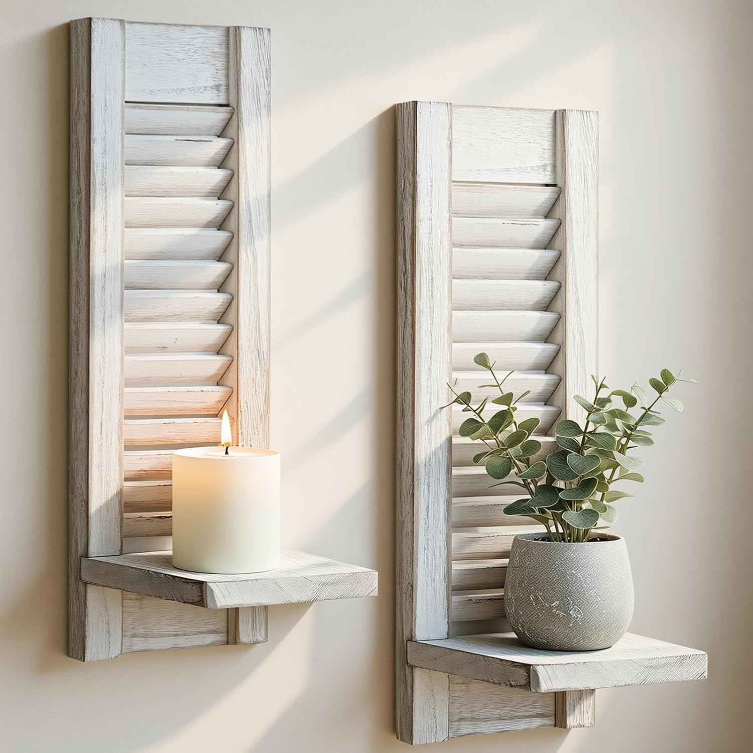 Farmhouse Candle Sconces Set of 2, Distressed White Wood Shutter Wall Candle Holder, Hanging Wall Decor for Living Room Bedroom Bathroom, 15.7" H