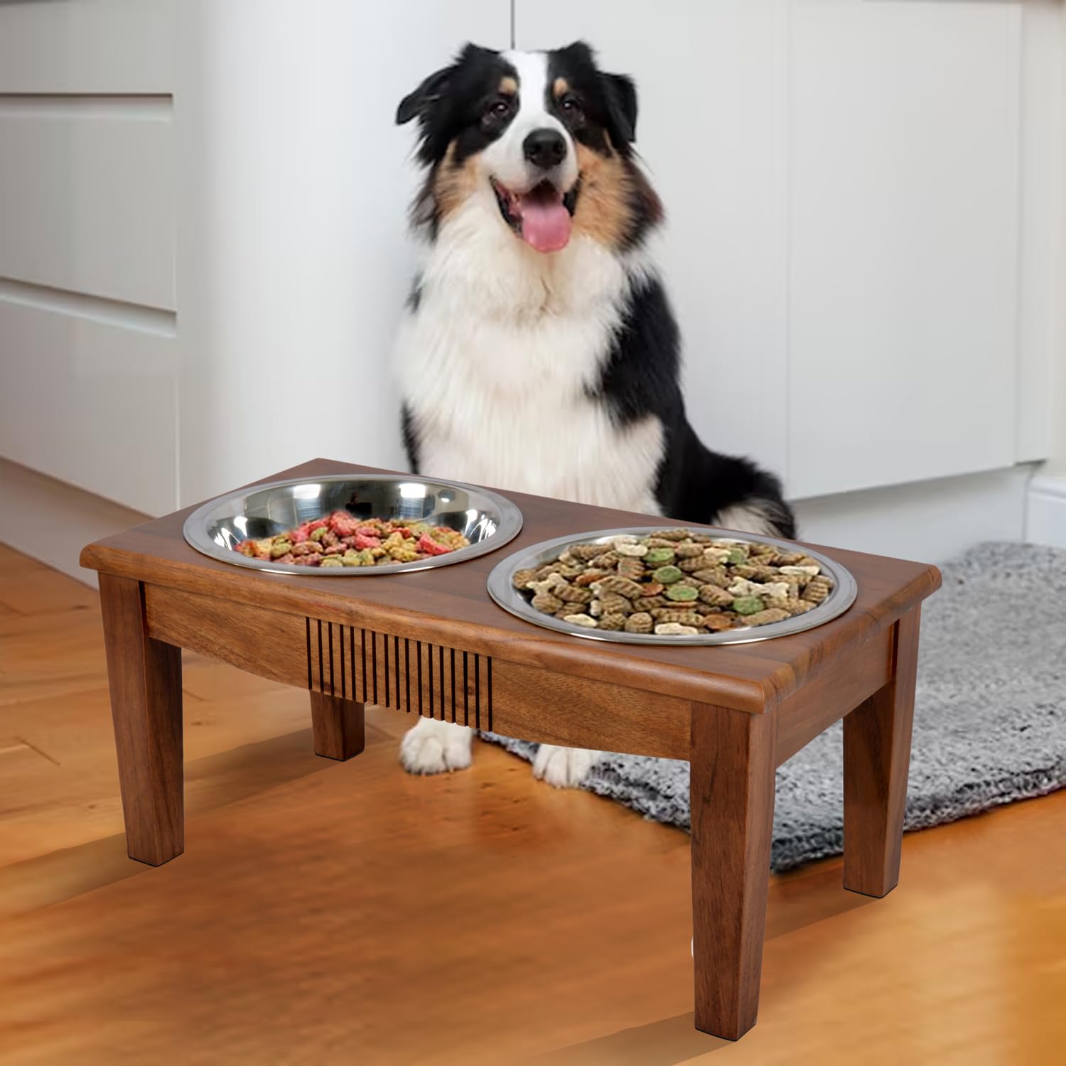 Pure Souls Fluffy Pet Feeder, Natural Acacia Wood Feeders Stand, Elevated Dog Bowls 1250 ml, Food Water Diner, Durable Double Bowl Feeding Stands for Dogs - Medium (48 x 25 x 24 cm) (B0D3HTW7N9) Amazon Price History, Amazon Price Tracker