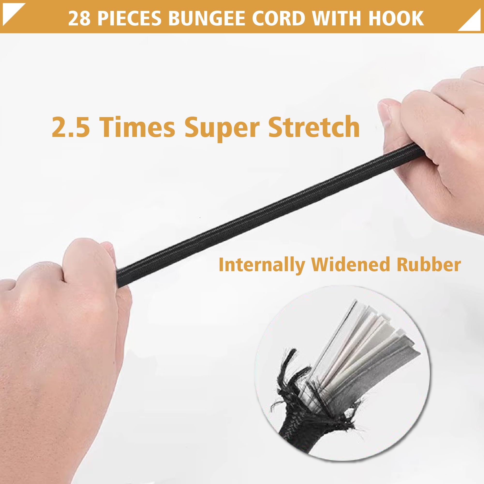 Cuerdas elásticas con ganchos, correas elásticas resistentes para exteriores, paquete de 28 cuerdas elásticas de goma extra fuertes para equipaje, camping, lonas, portabicicletas, tienda de