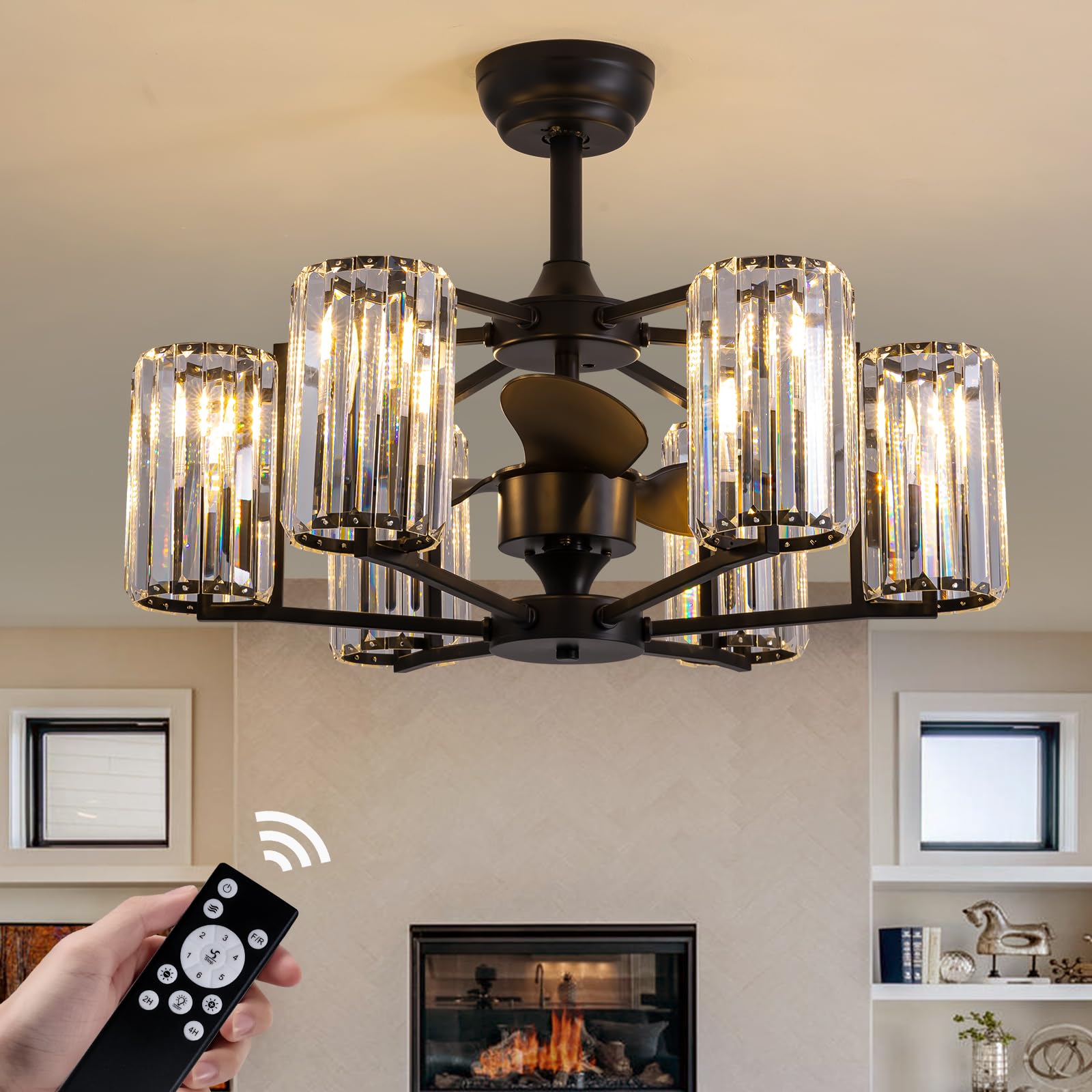 27" Crystal Ceiling Fan with Light and Remote Control 6-Light Black Vintage Crystal Caged Fandelier Luxury Large Chandelier Ceiling Fan for Dining Living Room Kitchen Bedroom