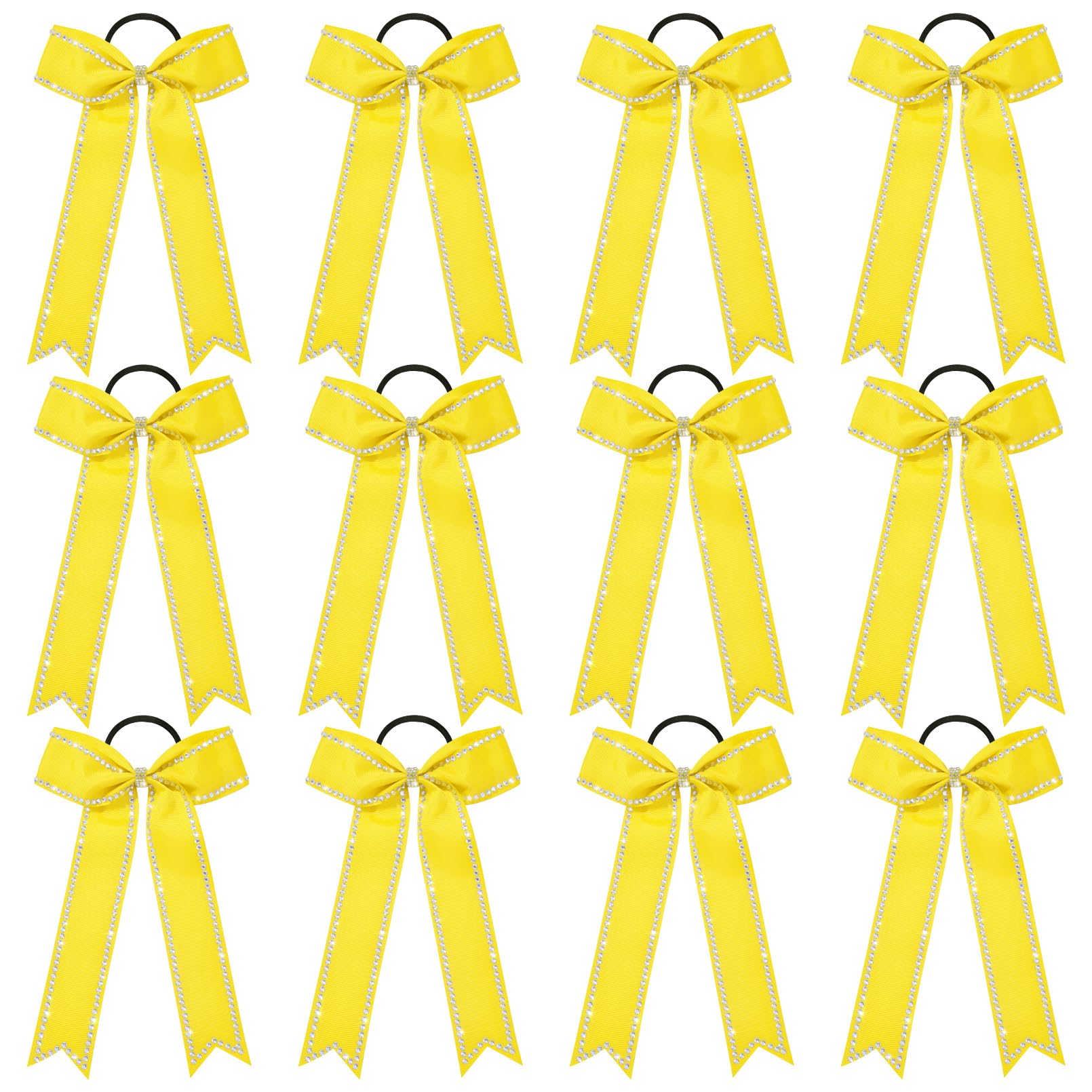 DEEKA Long Tail Rhinestones Cheer Bows 12 PCS Collegiate Style Cheer Bows Full Rhinestone Skinny Cheer Bow Ponytail Holder Handmade Bows for Girls