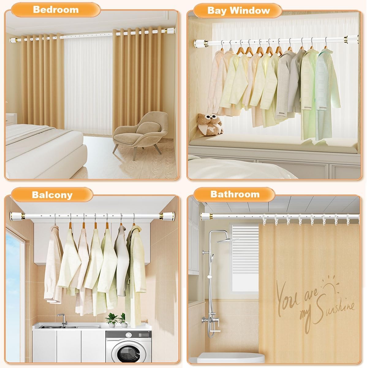 Tension Curtain Rod Adjustable Shower Curtain Rod 33 to 163inch, Spring Tension Rods, Non Slip, No Drilling, for Bathroom, Wardrobe, Balcony (Color : White, Size : 1.15~1.65M(45~65in))