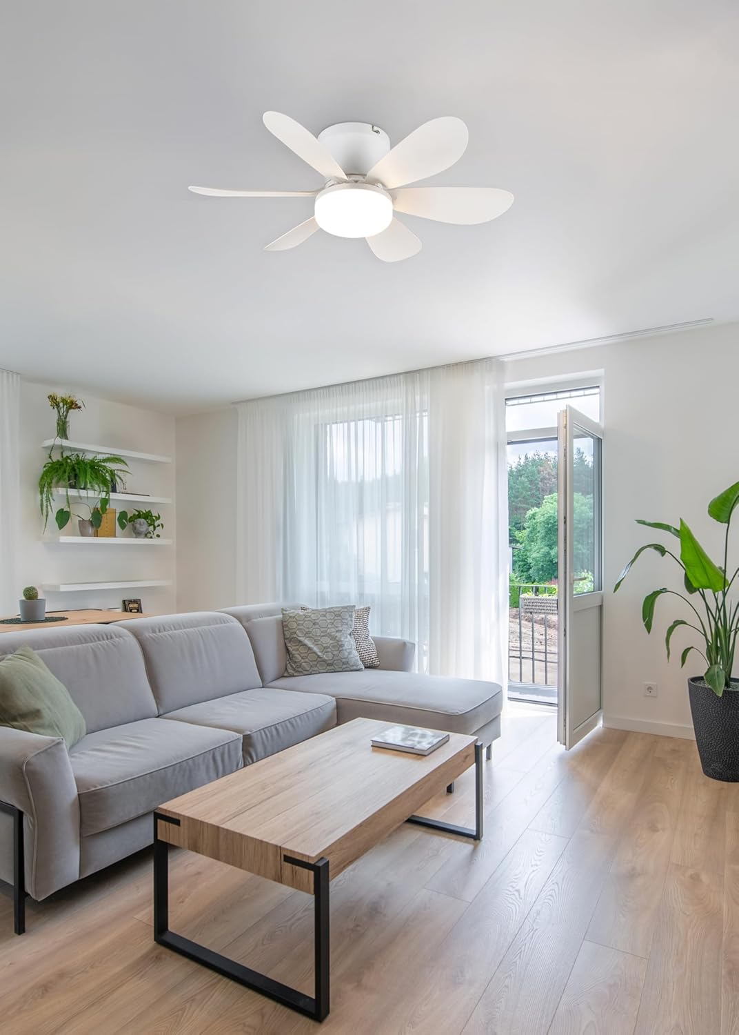 Ceiling fan with light installed in a modern living room