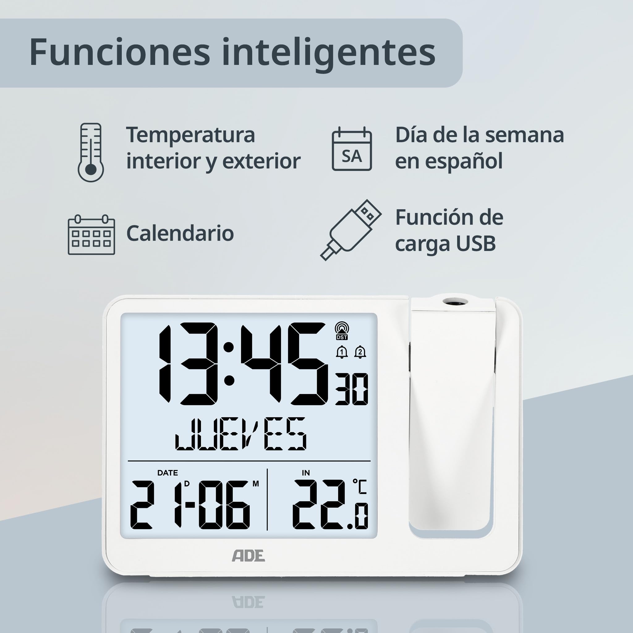 ADE Despertador Digital radiocontrolado con proyección y Sensor Exterior | 2 Horas de Despertador | Reloj con indicación de Temperatura, Fecha y día de la Semana | Incl. Cable de Red | Blanco