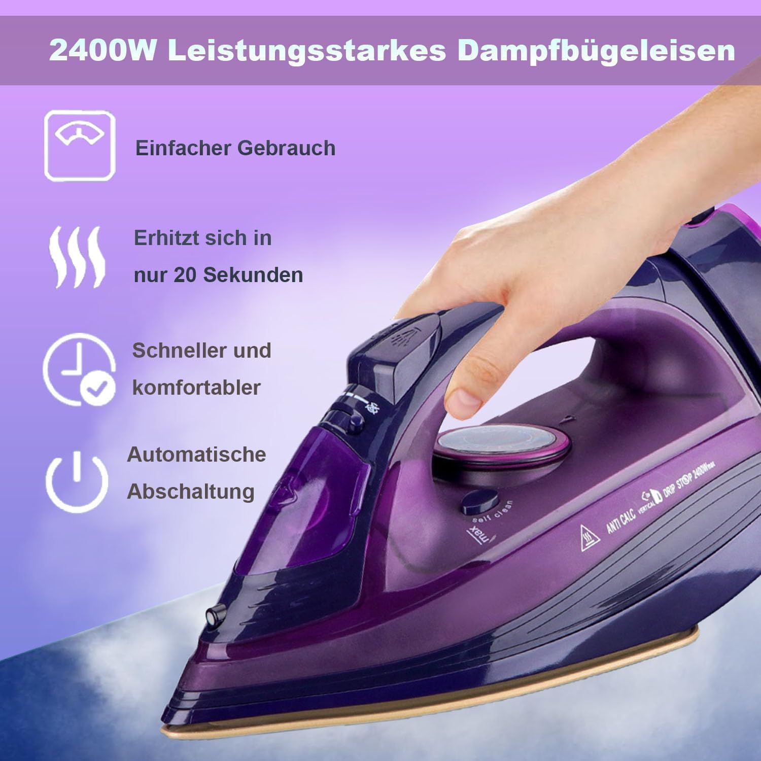 2400W kabelloses Bügeleisen, Dampfbügeleisen, Keramiksohle, abschaltautomatisch & temperaturverstellbar