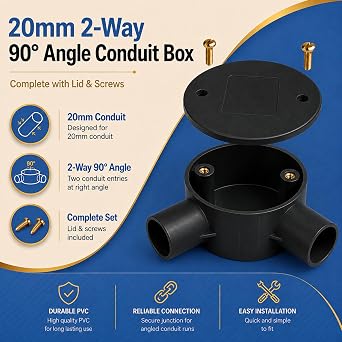 Black 20mm PVC 2 Way Angle Conduit Box with Lid & Screws - Pack of 2