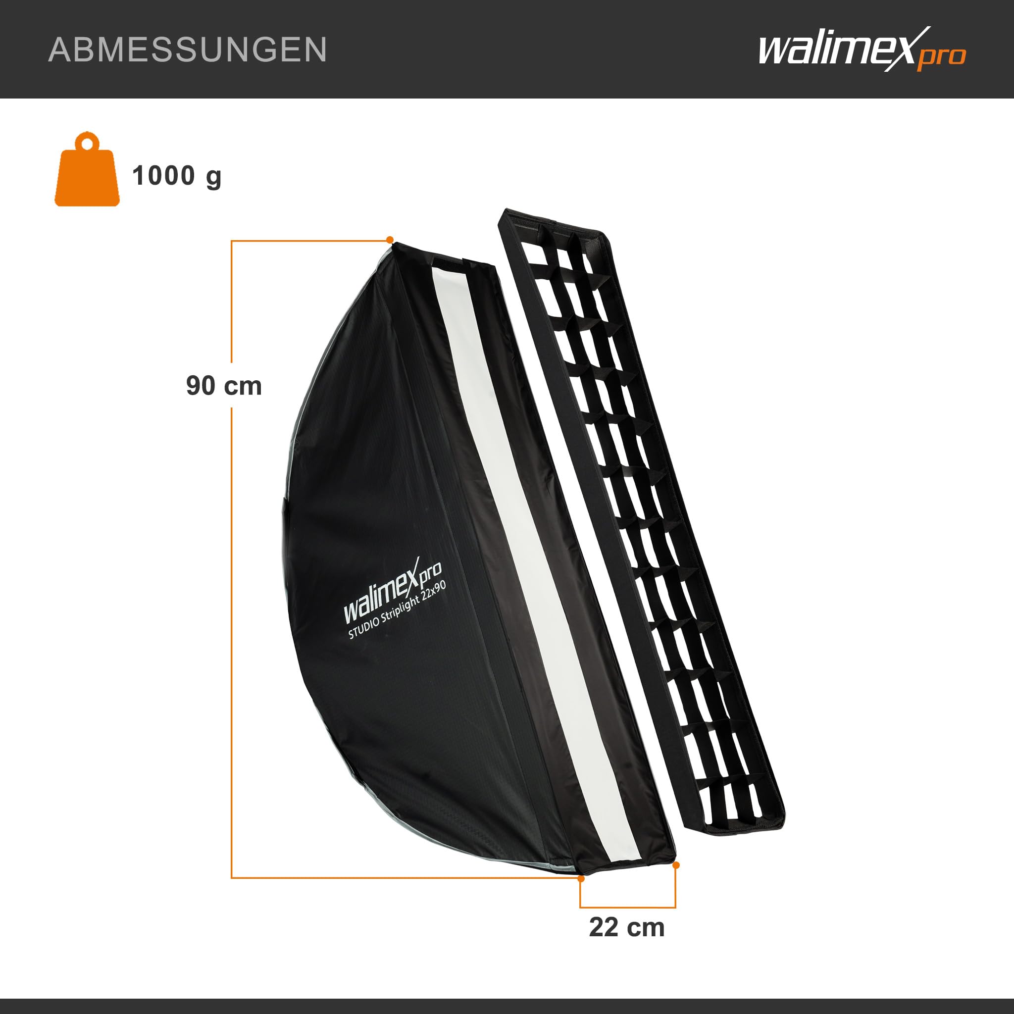 Walimex pro Studio Striplight Softbox 22 x 90 cm, Lichtformer um 360° drehbar, einfacher Aufbau dank Schirmfunktion, inkl. Grid, Maske, Bowens Adapter u. Tasche, ideal für Produkt- u. Peoplefotografie