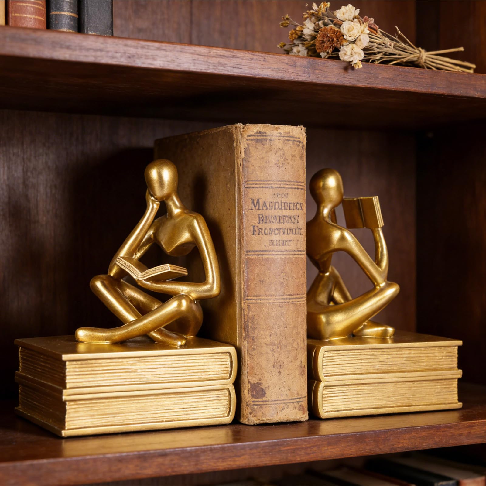 Reading Thinker Statue Buchstützen für Regale, dekorative Buchstützen für Buchliebhaber, einzigartiger Buchstopper für Home Office & Bücherregal-Dekor, modernes goldfarbenes ästhetisches