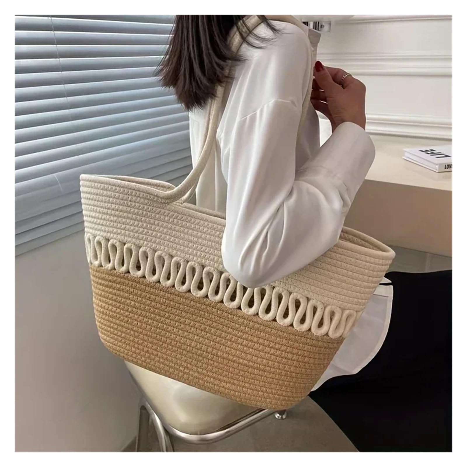 Bolsos de Paja Kits de Tejido, Bolso de Playa de Tela Caqui, Gran Capacidad, Hecho a Mano, Paja, Bolsa de Ocio for Vacaciones de Verano, Bolsos de Mujer, Bolsas de Compras(A)