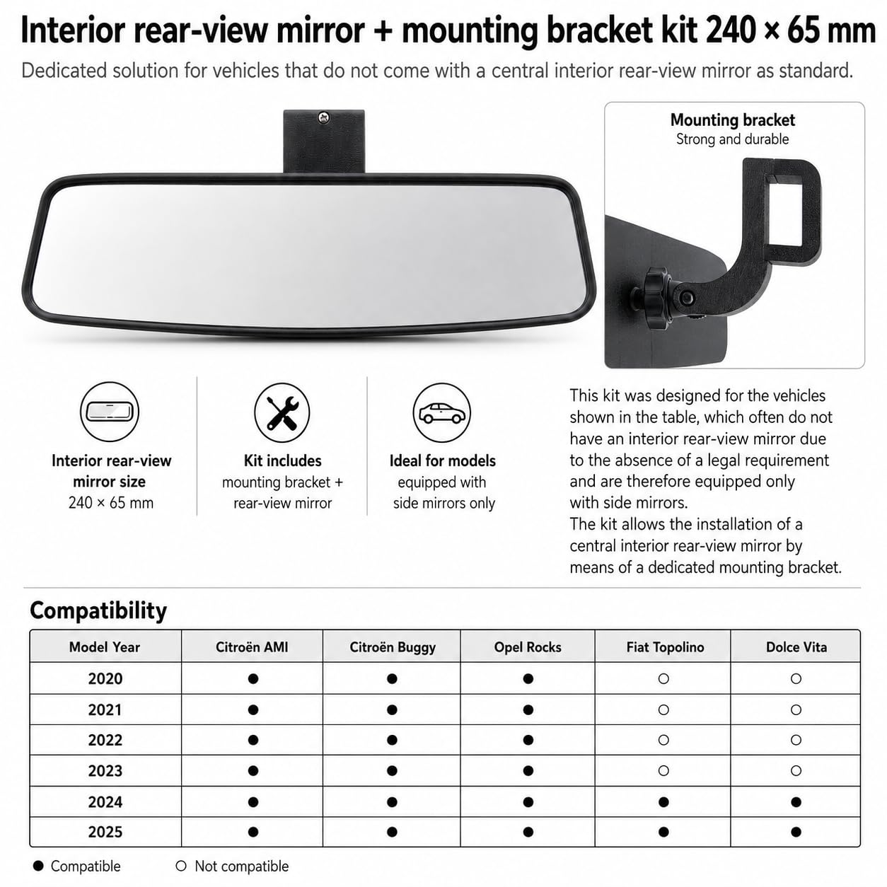 Rétroviseur intérieur pour Citroën Ami, Fiat Topolino et Opel Rocks-e – Kit complet avec support 3D et vis de fixation – Stabilité maximale antivibration – Large visibilité