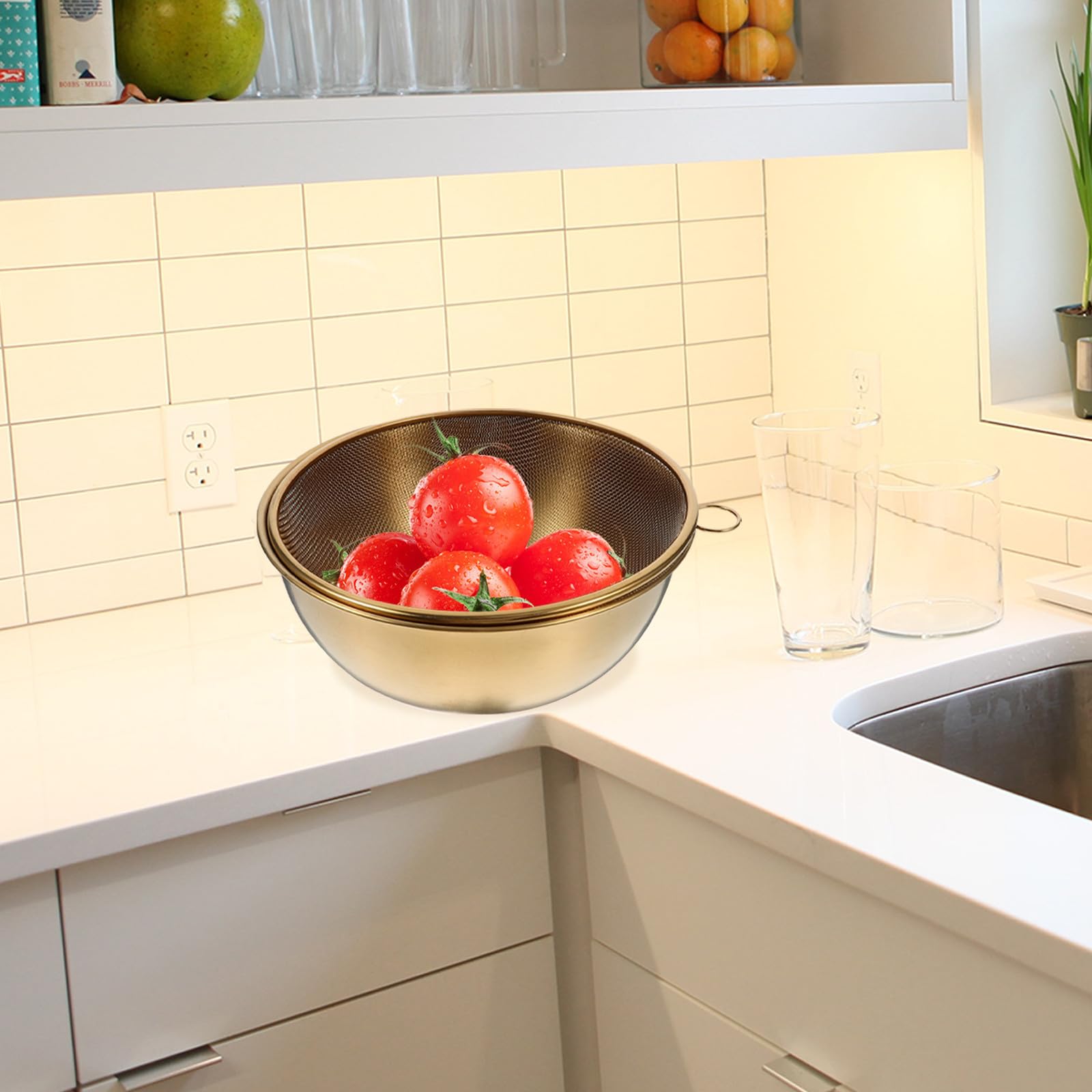 OSALADI Passoire à Riz Inox 22 Cm Dorée à Mailles Fines Bol Mélangeur 2 Pièces pour Fruits et Légumes, Égouttoir Solide et Polyvalent, Accessoire la Cuisine Pratique