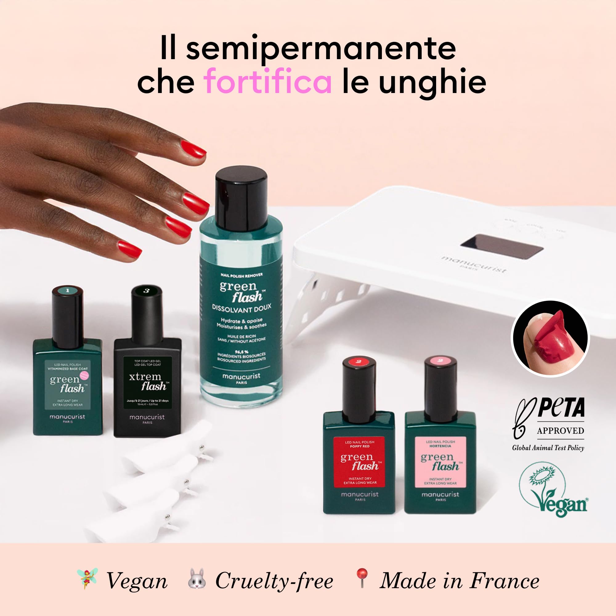 Manucurist Kit Gel Unghie Xtrem Flash con Poppy Red & Hortencia - Due Smalto Semipermanente con Lampada LED 36W, Base e Top Coat Semipermanente, Solvente e Clip - Fino a 21 Giorni
