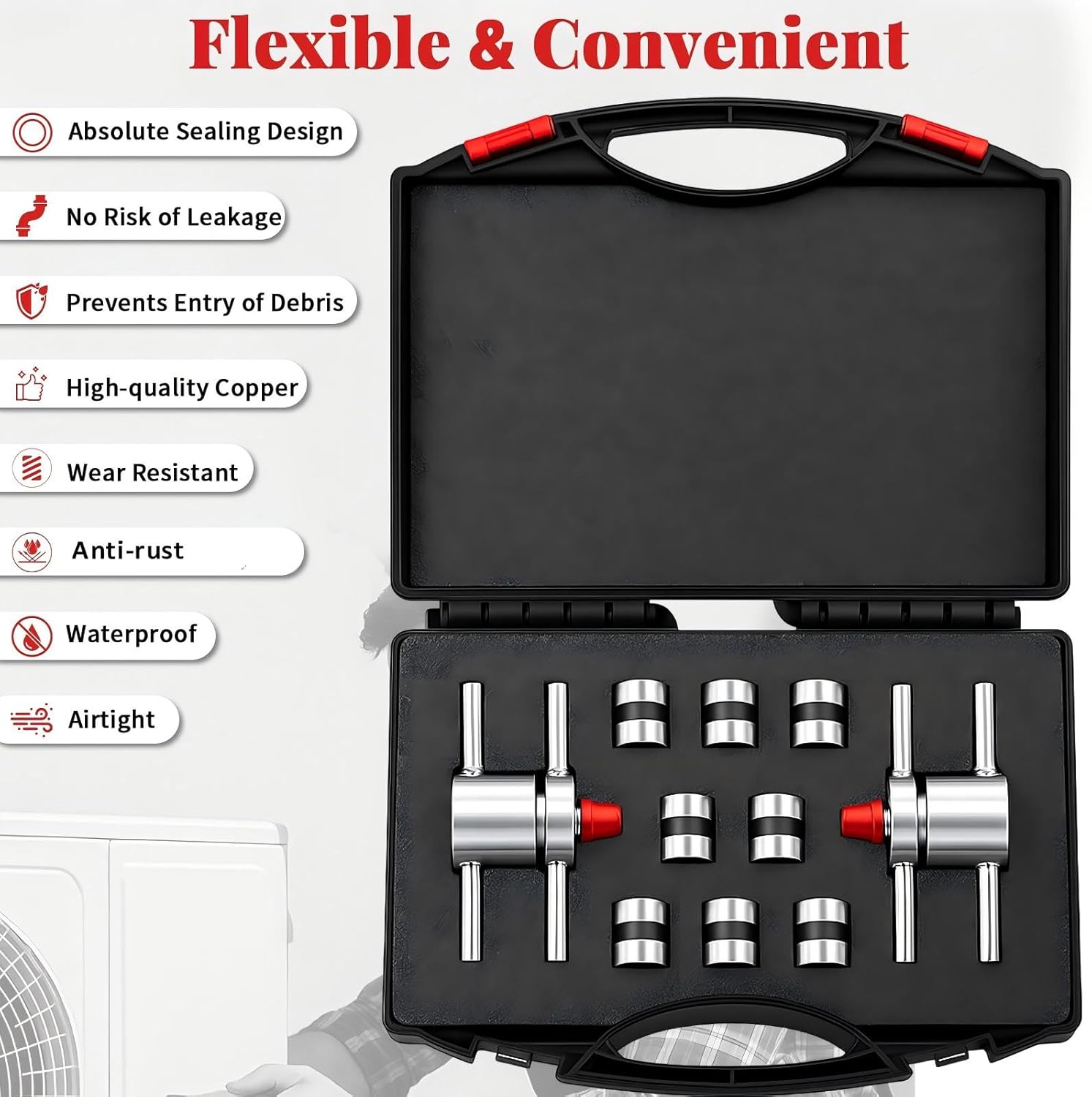 12458 Process Tube Adapter Kit,Charge Line Connection Sealing Tool for 3/16", 1/4", 5/16", 3/8" Copper Tubing,Flareless Line Set Adapters for HVAC AC Charging and Refrigeration, Includes Storage Case