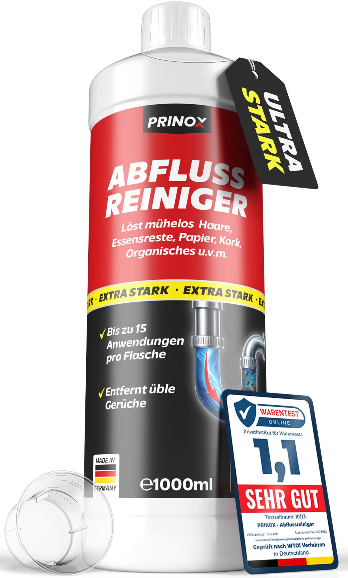 PRINOX Abflussreiniger 1000ml EXTRA STARK - Profi Rohrreiniger löst Haare, Essensreste & schwerste Verstopfungen - Rohrfrei gegen hartnäckige Verstopfungen & üble Gerüche - Biologisch abbaubar