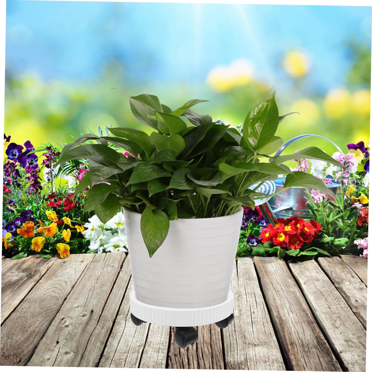 VICASKY Chariot à Plantes à roulettes Rond en Plastique Blanc, Support Stable et Mobile pour Pots de Fleurs, pour Couloirs et Salon