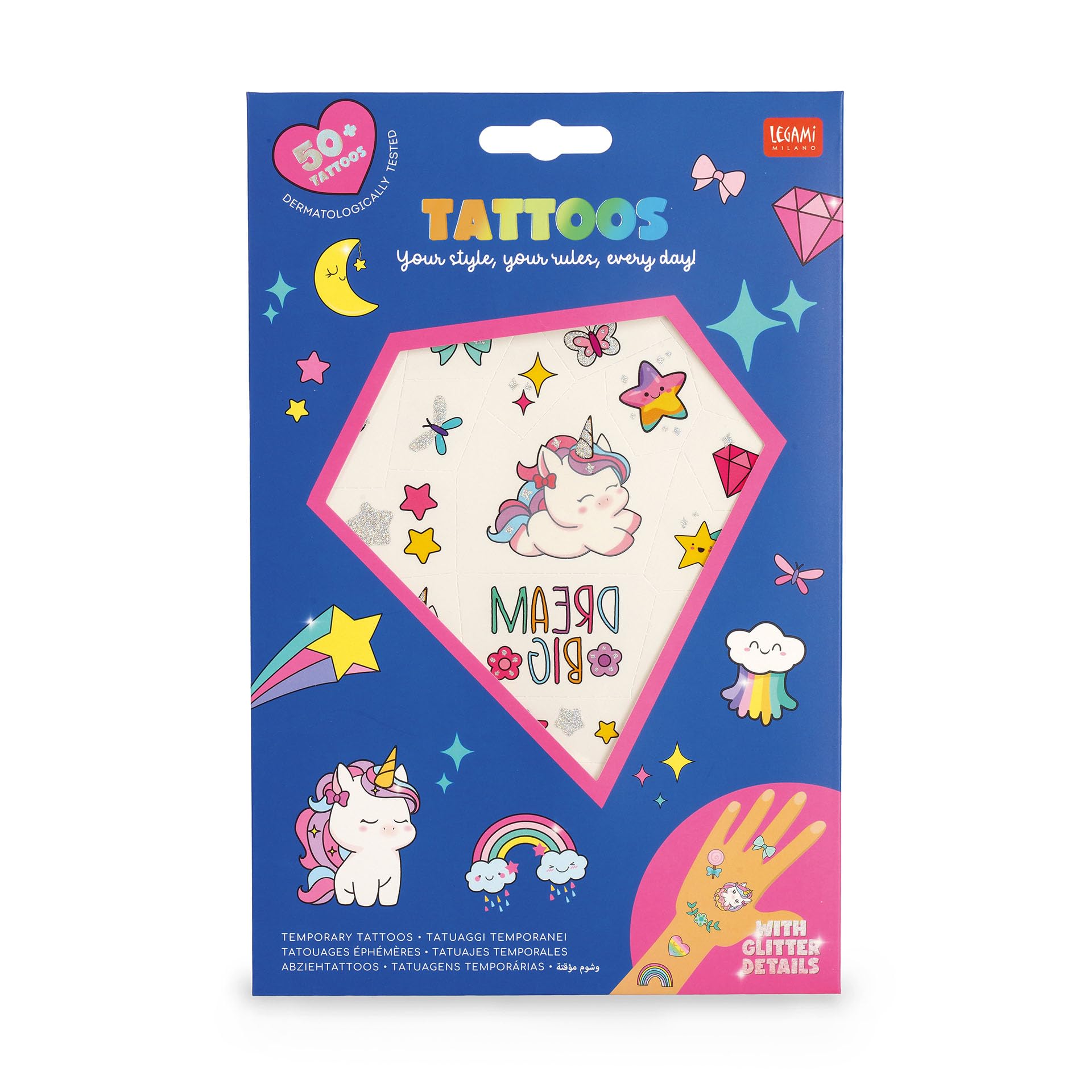 Legami - Tatuaggi Temporanei per Bambini, Tema Unicorn, Lavabili, Resistenti a Sudore e Acqua, con Dettagli Glitter, facili da Applicare, Delicati sulla Pelle, Dermatologicamente Testati