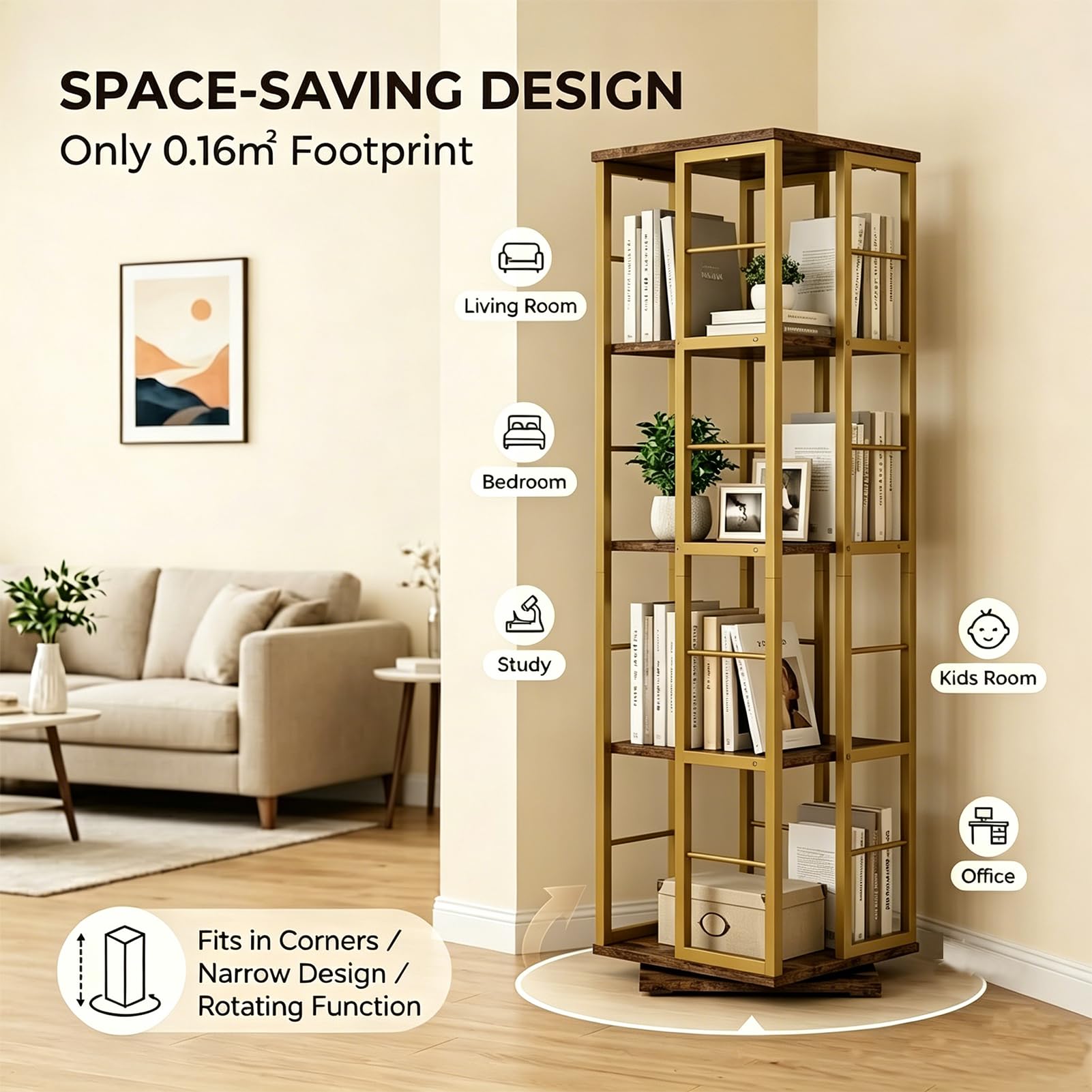 Drehbares Bücherregal 360° mit Stahlrahmen, 4 Fächer, 137 cm Gold | CD Regal & DVD Aufbewahrung, drehbares Bücherregal 360° mit Kippsicherung, stabiler Stahlrahmen für Wohnzimmer & Büro