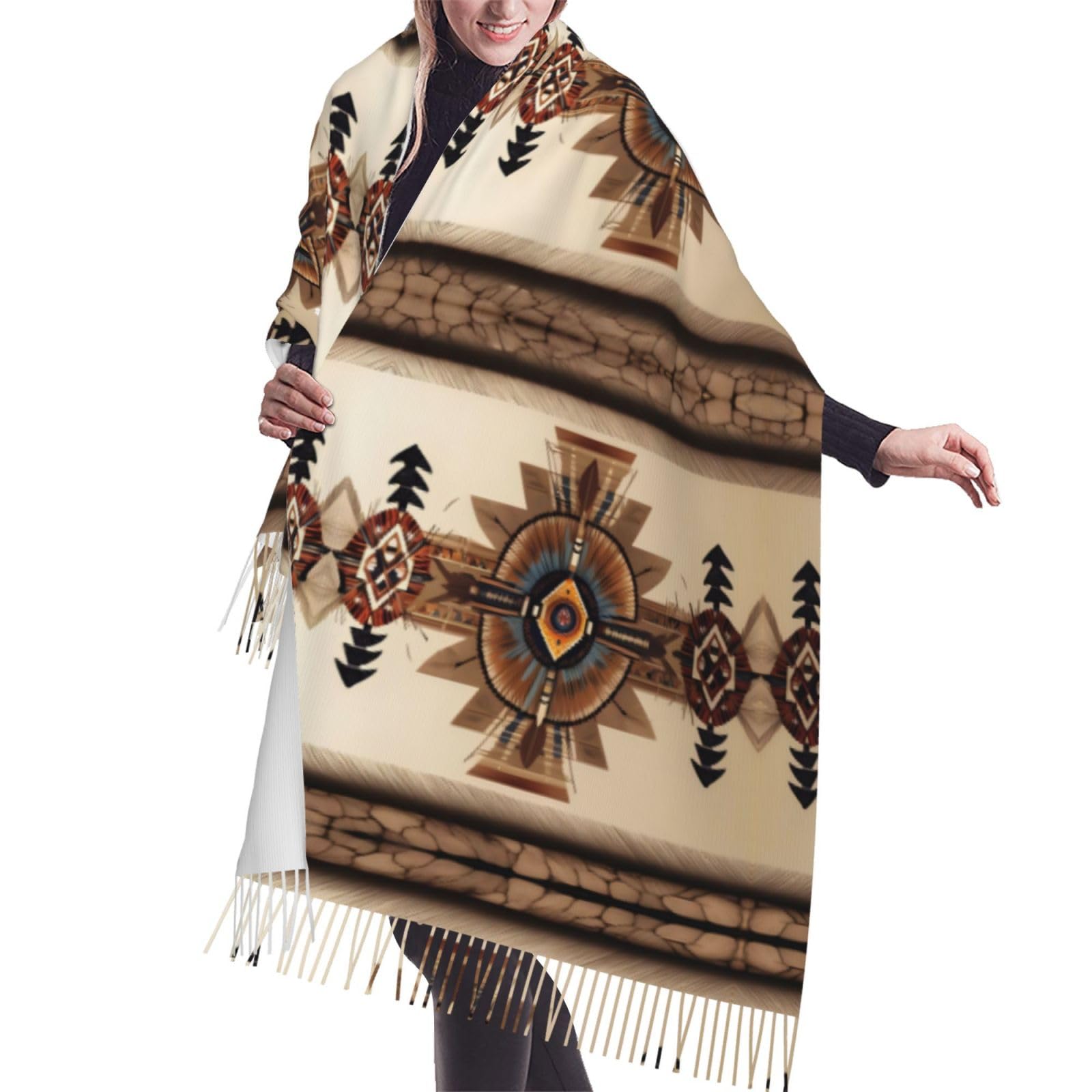 Native American Painting Scarf Classic Soft Fringed Scarf Long Shawl for Women.