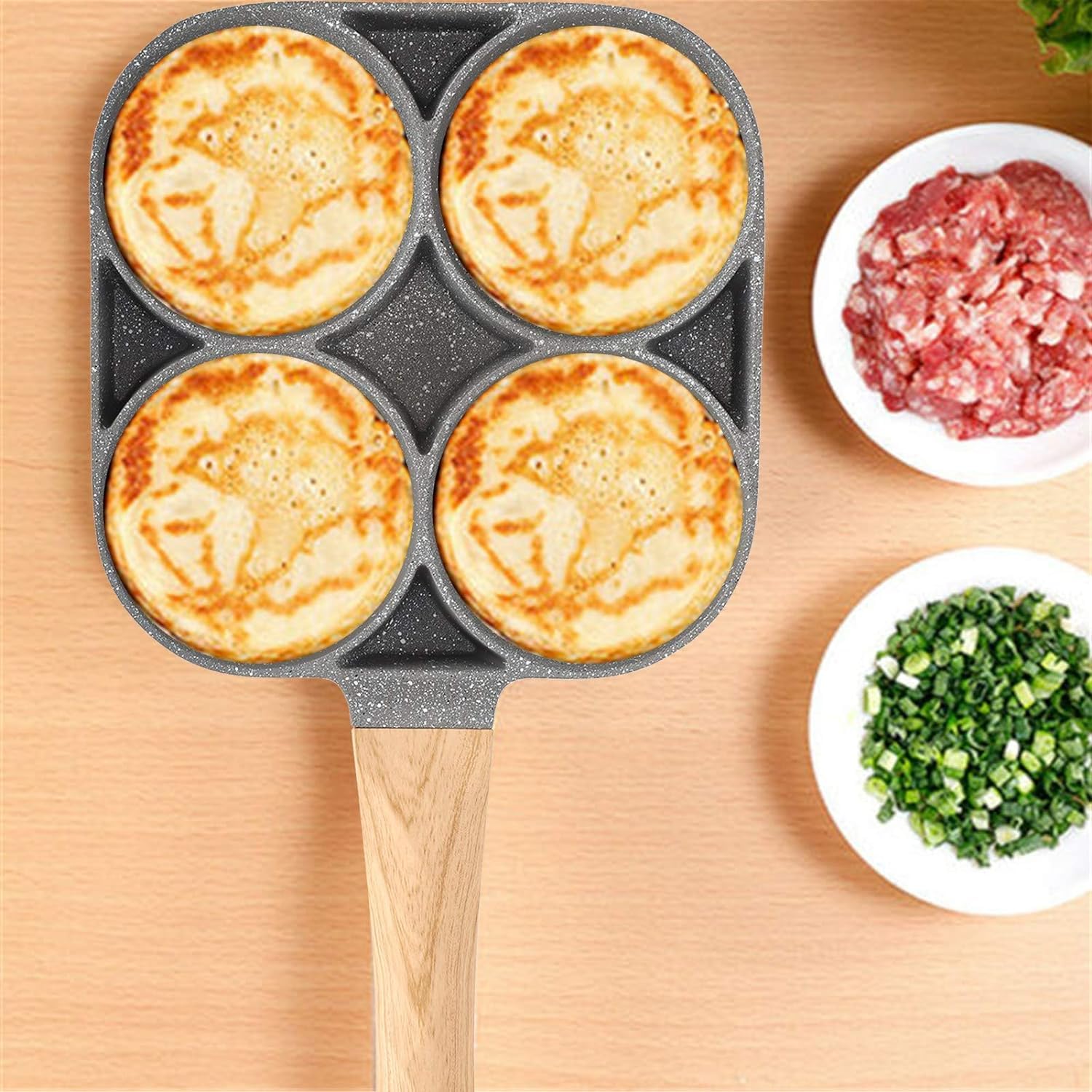 Padella per pancake， Padella for frittata, padella for uova, padella antiaderente in lega di alluminio, con manico in legno, for piano cottura a induzione Ki