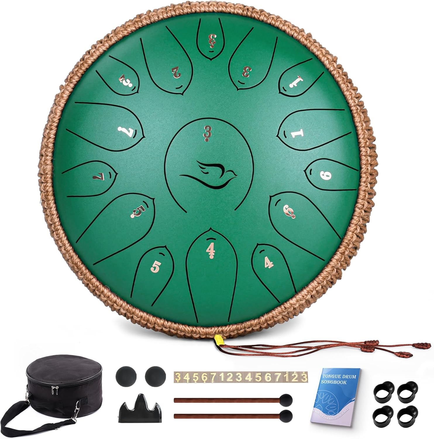 Steel Tongue Drum, 12 Inch 15 Note Tongue Drums, Handpan Drums Percussion Instrument for Kids & Adults, Hand Pan Drum with Music Book, Drum Mallets and Carry Bag, Major C (Green)
