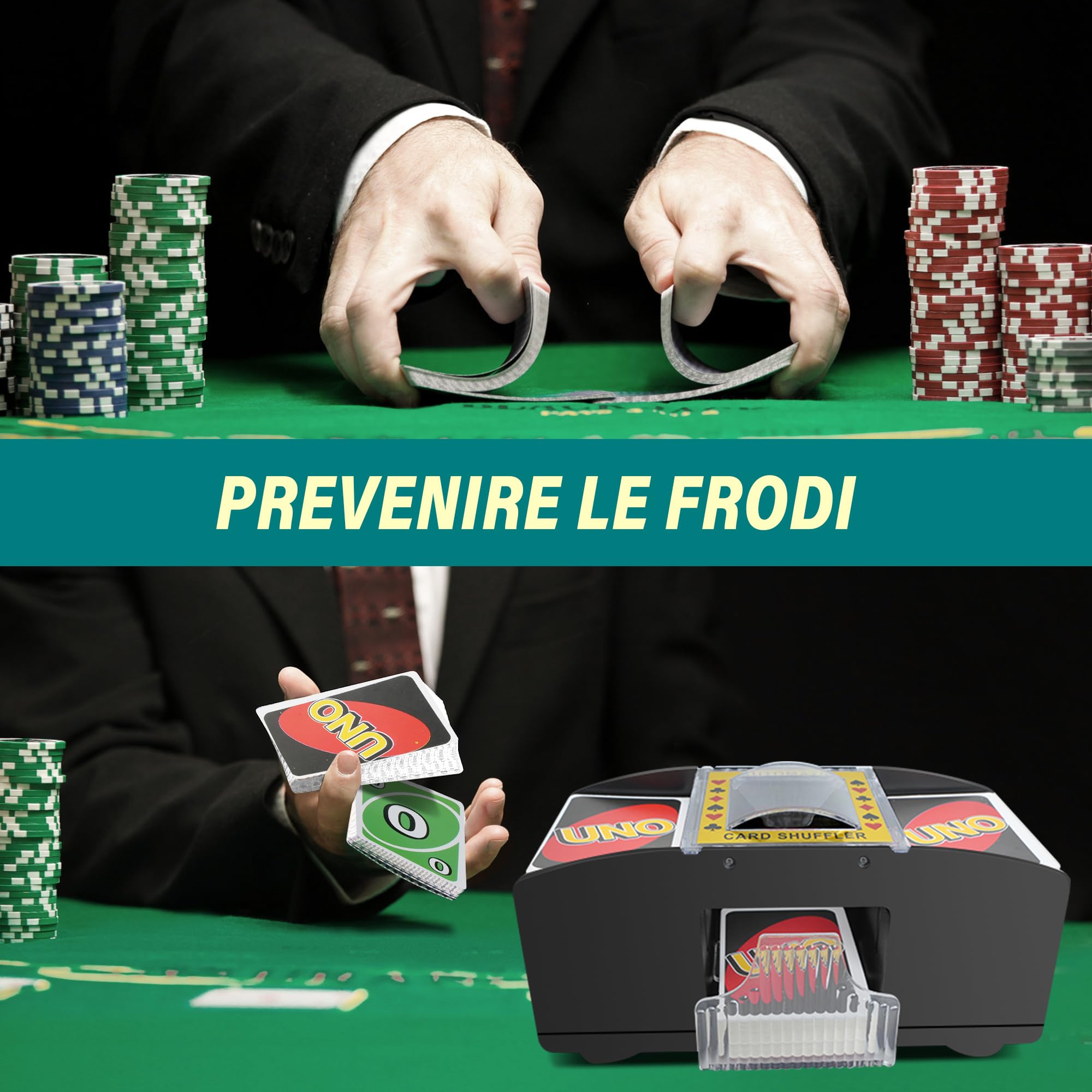 Cheerhom Mischia Carte Automatico, Mescolatore Cartes da Gioco Elettrico per 1-2 Mazzi, Distributore Cartes da Gioco Elettrico per UNO, Poker, Blackjack - USB + Funzionamento a Batteria