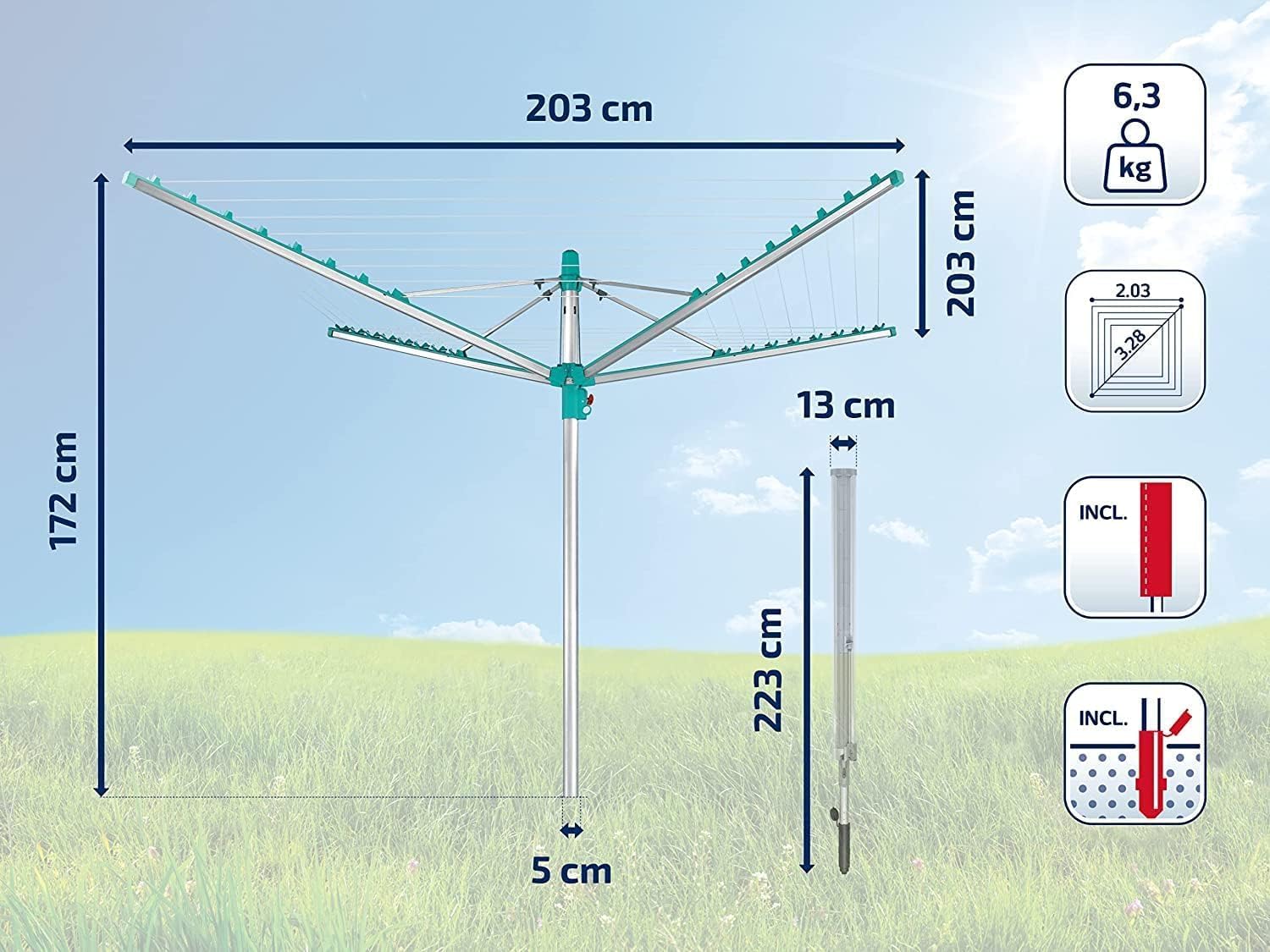 Leifheit Séchoir Parapluie Linomatic 500 Easy avec Housse de Protection, Douille de Sol, Système Easy-Lift, Etendoir à Linge 50m, Séchoir à Linge à Rétractation Automatique des Fils