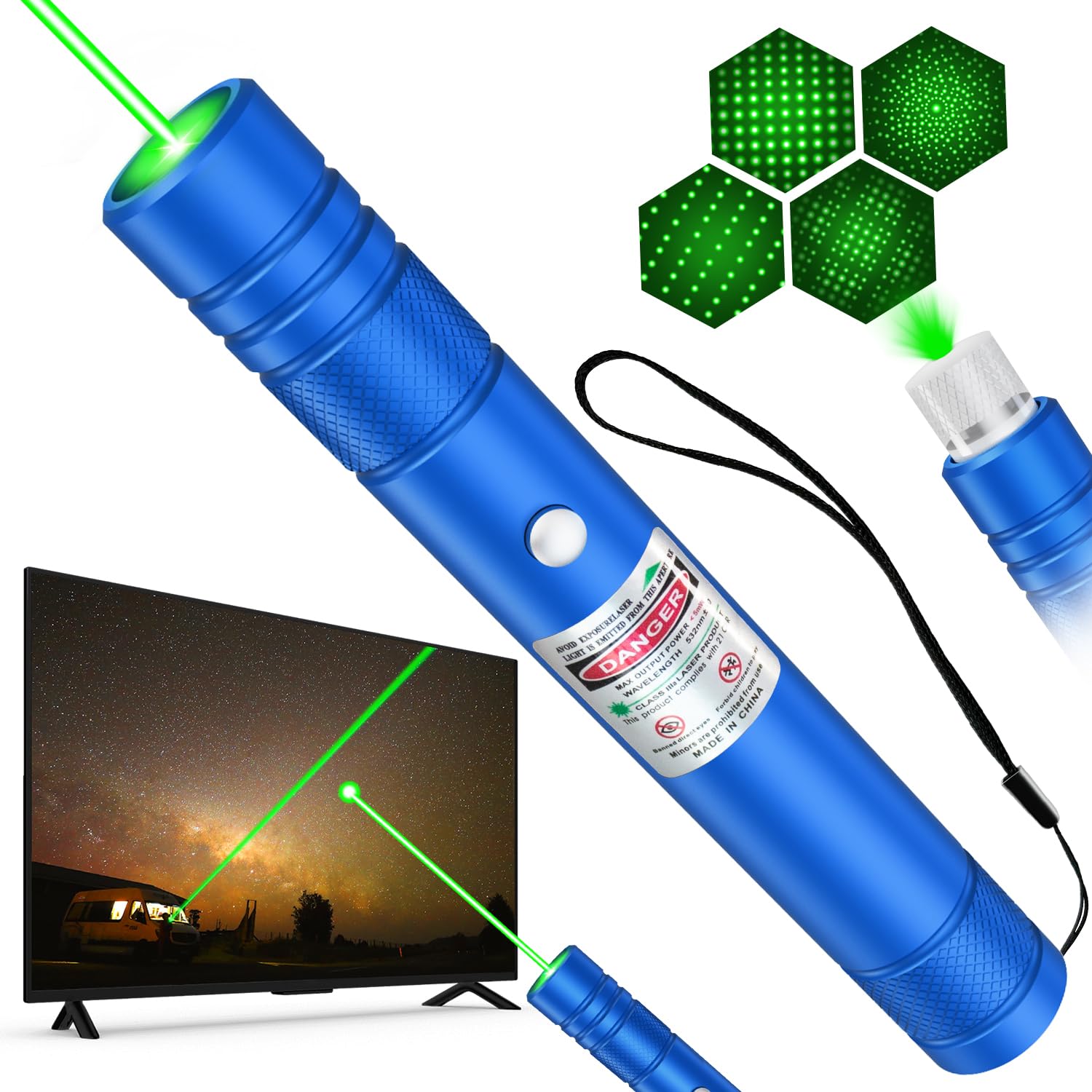 [Professional] Rechargeable Green Light Flashlight Long Distance Range for TV/LED/LCD Screens Tactical Flashlights Presentation Office/Outdoors/Astronomic/Construction-Blue Shell [001]