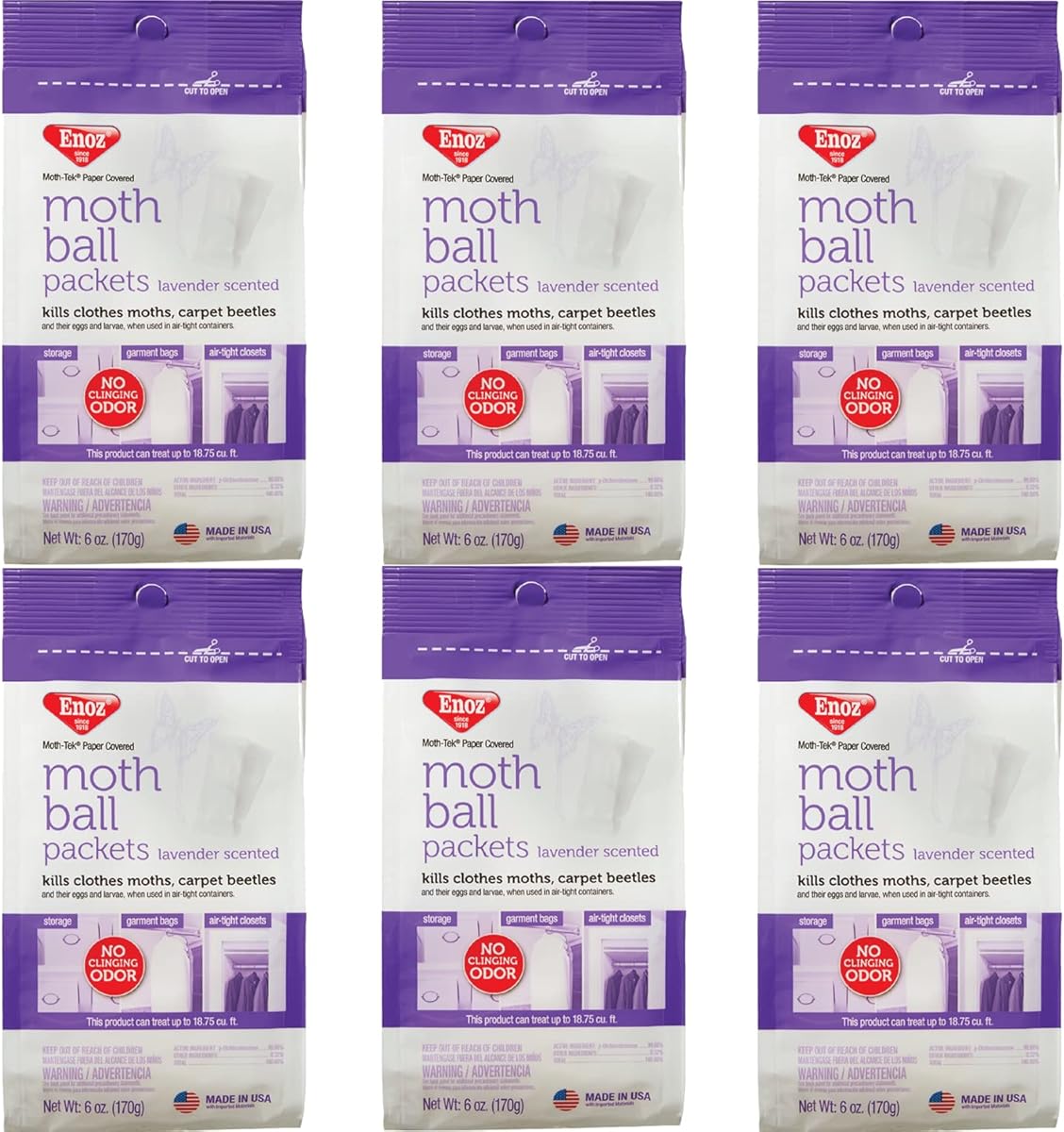 Enoz Lavender Scented Moth Ball Packets: Kills Clothes Moths, Carpet Beetles, Eggs and Larvae (6 oz Bag, 6 Pack)
