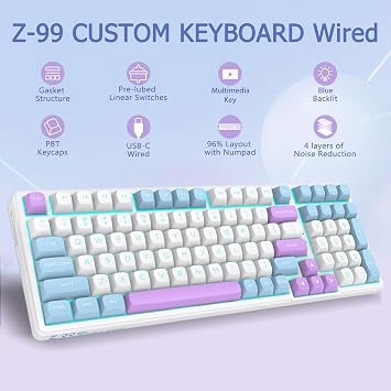 E-YOOSO 96% Wired Creamy Mechanical Keyboard, Cyan LED Backlit for PC/MAC | Hot Swappable Pre-lubed Linear Switches, Gasket Structure with Sound Dampening Foam, Custom Gaming Keyboard White Purple