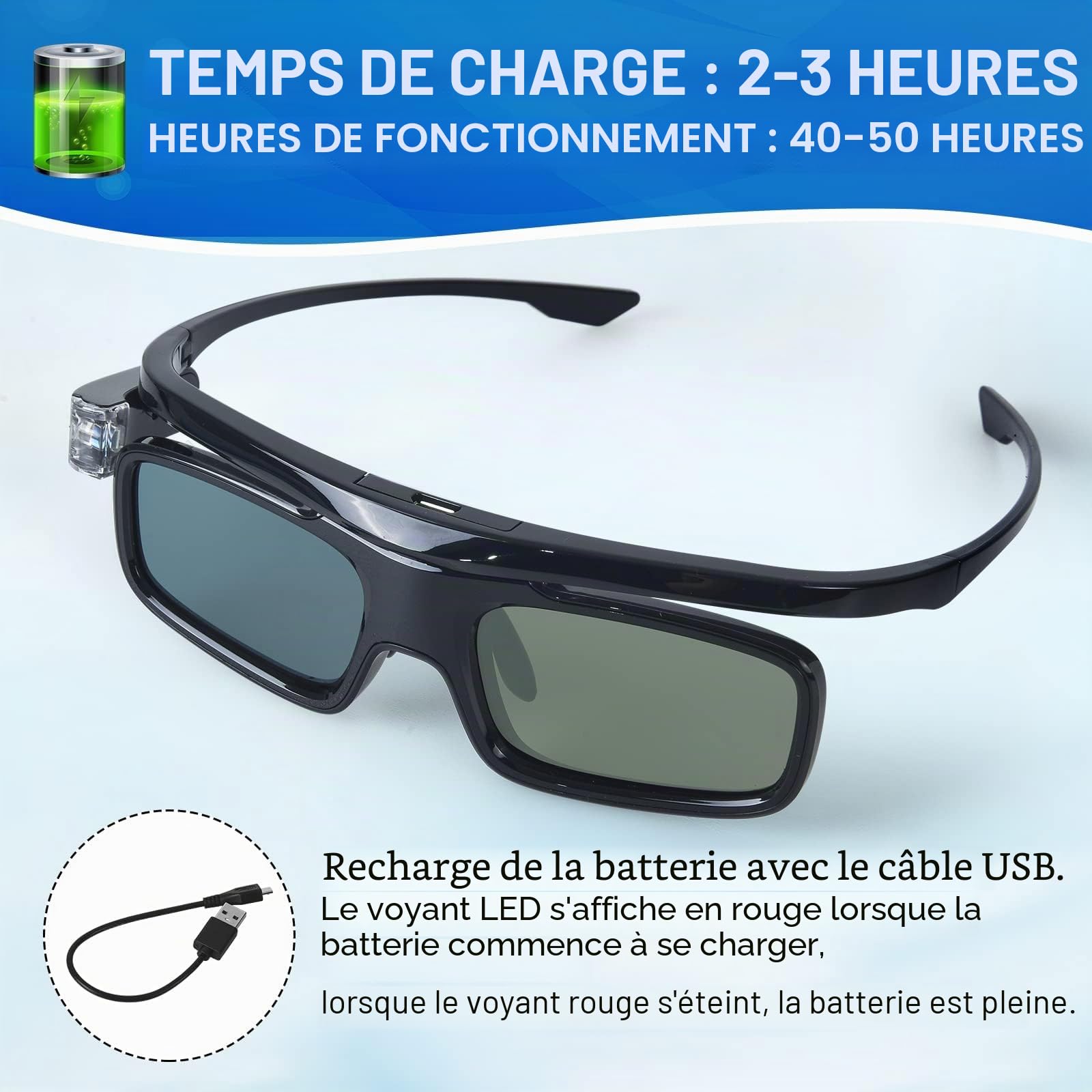 Lot de 2 paires de lunettes 3D à obturation active - Rechargeables - Convient pour projecteur DLP-Link 3D