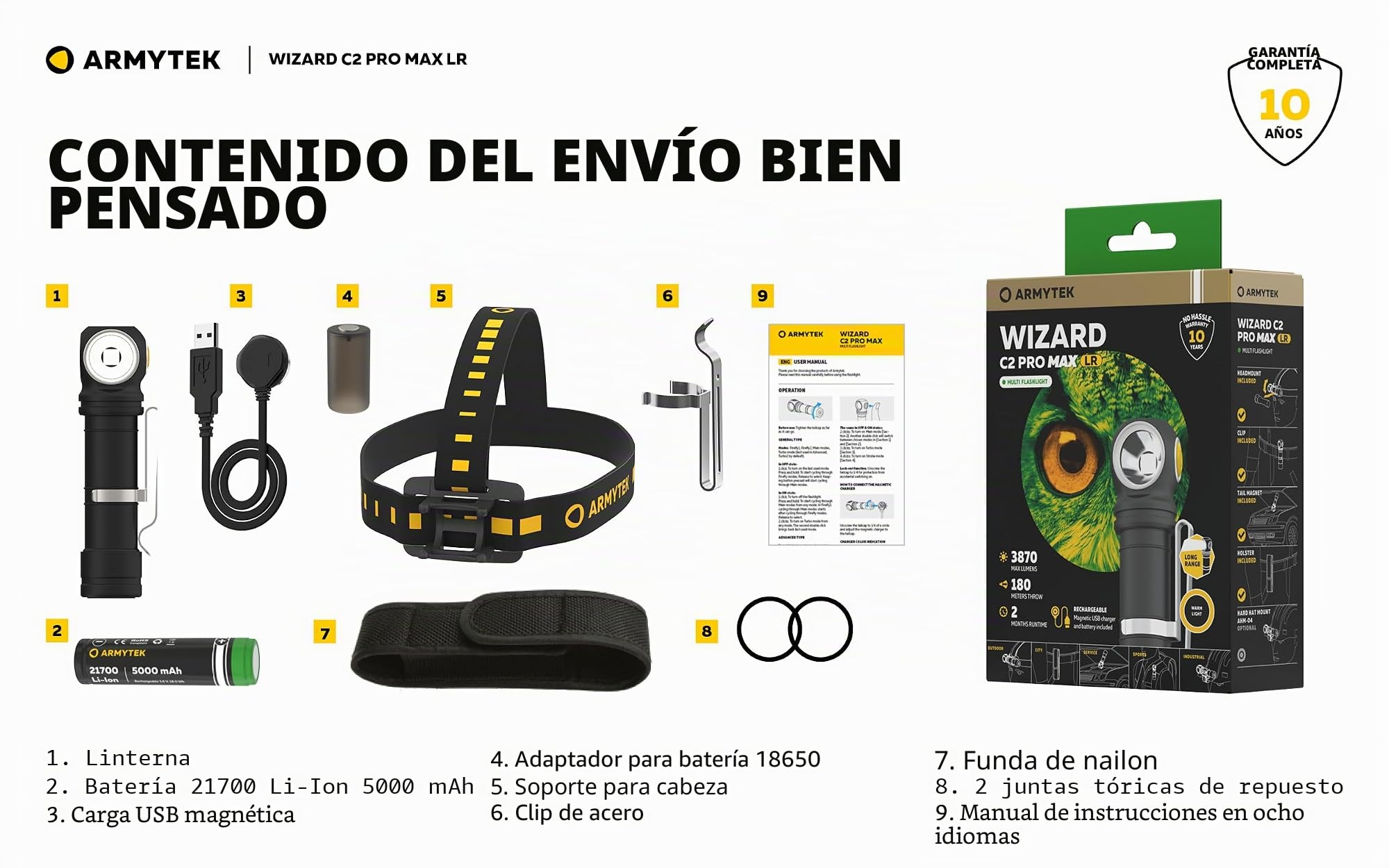 Armytek Wizard C2 Pro Max LR Warm LED Linterna con clip para cinturón, con estuche para batería 3870 lm 151 g