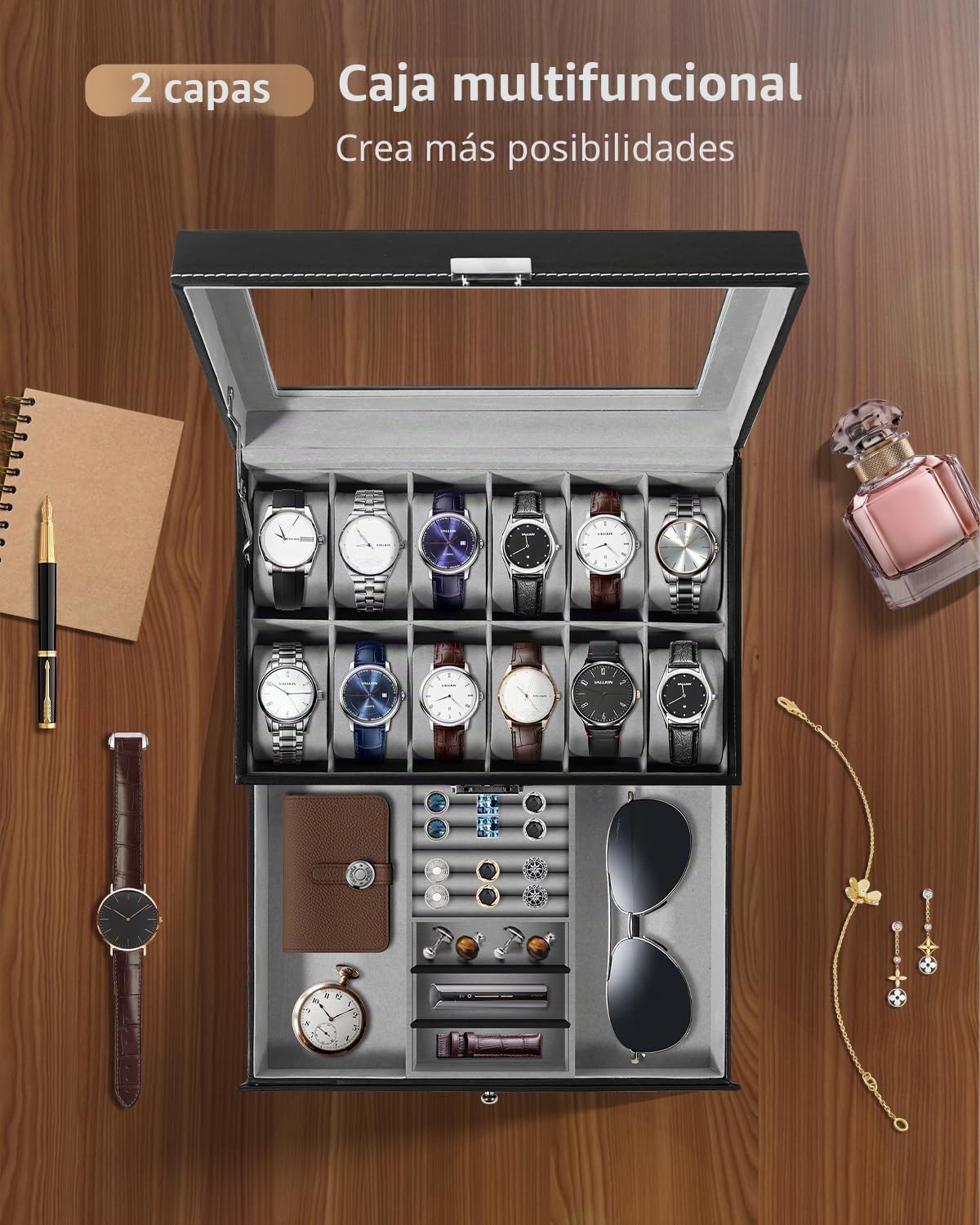 Uten Caja de 12 Relojes, Doble Capa, Estuche de Exhibición para Colección de Joyas