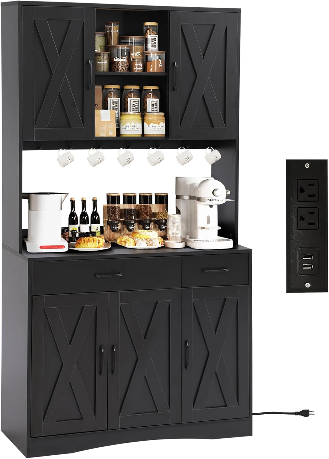 Grepatio 71" Kitchen Pantry Cabinet, Pantry Cabinet with Charging Station, Storage Cabinets with Door, Adjustable Shelves and Hooks, Farmhouse Kitchen Hutch for Dining Room, Living Room (Black)