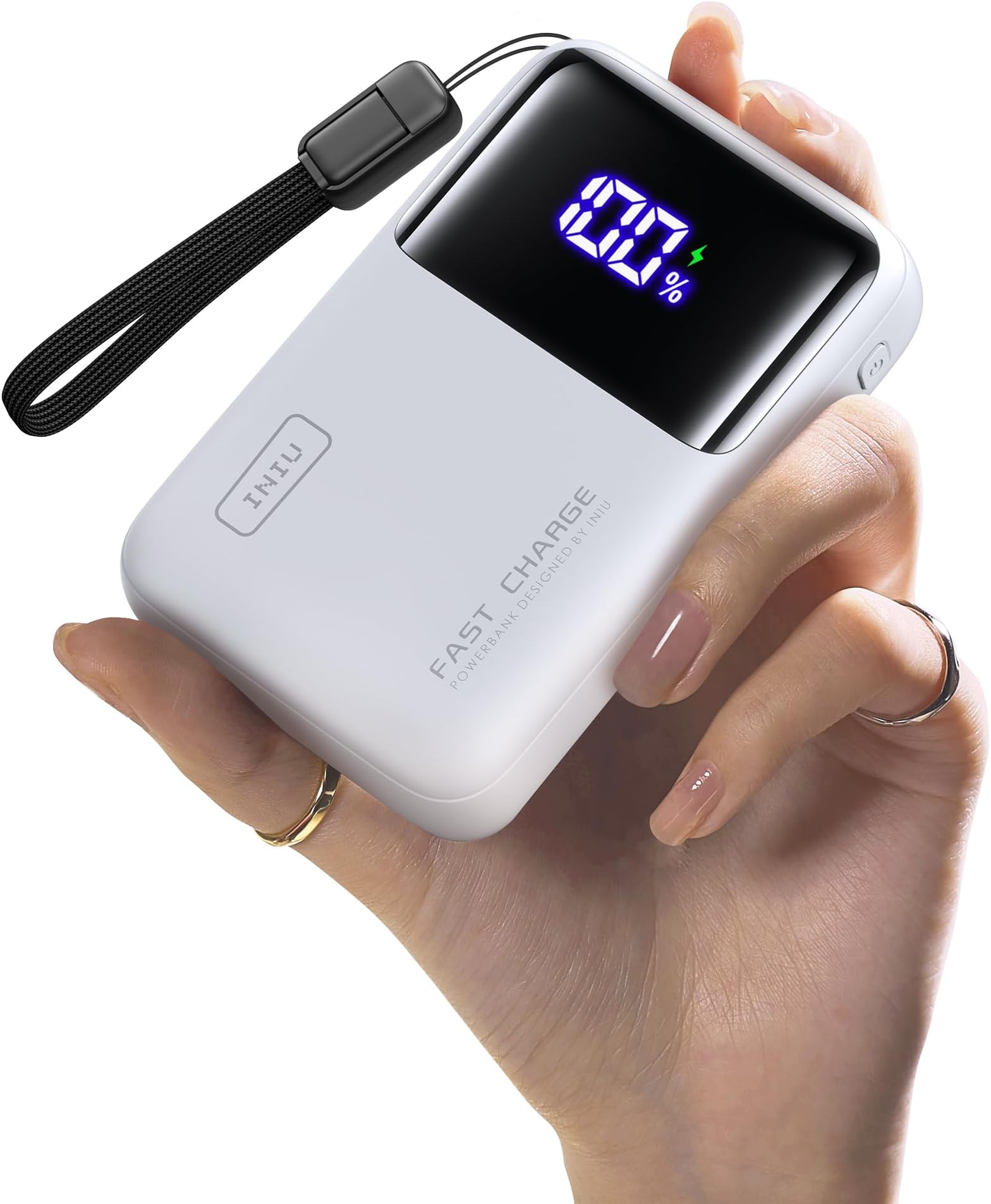 INIU Large Capacity Mobile Battery, 20,000 mAh, 65 W, Ultra Compact Size, Fast Charging, USB-C Input & Output Ports, PSE Certified, 3 Devices Simultaneously Charging, Strap-Type USB C Cable, Mobile Battery, For Laptops, Tablets, Smartphones, Outdoors, Disasters, Emergencies, MacBook iPhone 16 / 15 & Android iPad, Etc. (White)