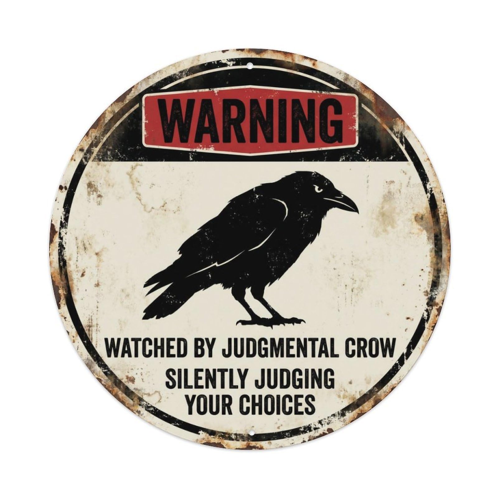 Fqcyn Style Moody Crow Judgmental Observer Metal Tin Sign Plaque Wall Decor For Cafe, Club Bar, Office, Home Garden Round Metal Poster 8X8inch