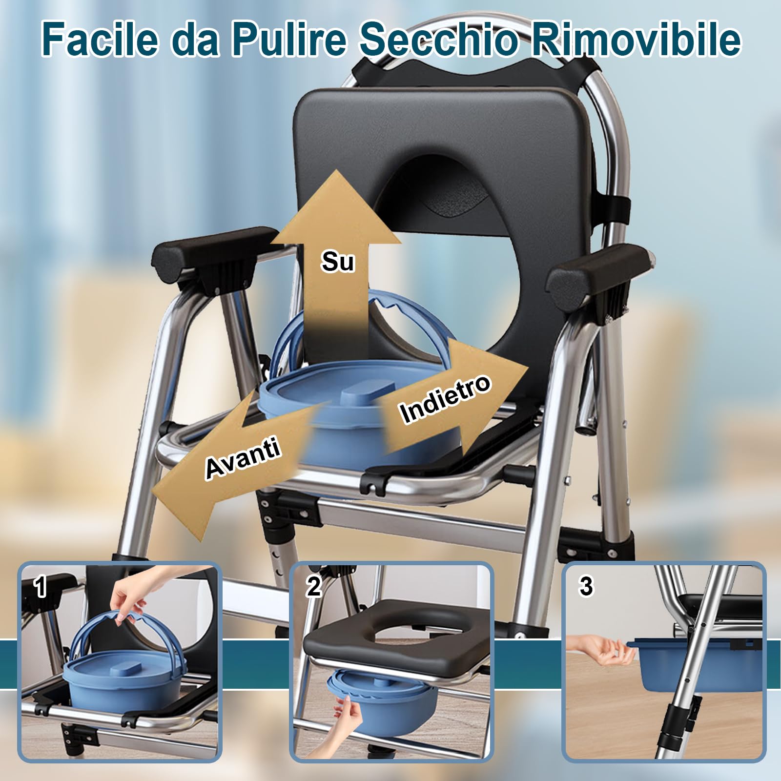 Sedia Comoda WC per Anziani Pieghevole, Regolabile in Altezza Sedia WC con Imbottito e Secchio Rimovibile, Antiscivolo Sedia per Doccia Portata Fino a 200 kg per Disabili, Donne in Gravidanza