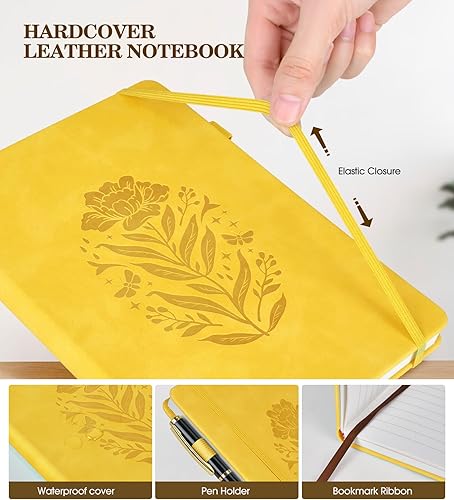 Miniatura 4 de Cuaderno rayado para mujer, A5 de tapa dura amarilla de cuero para escribir, 200 páginas diario de viaje, cuaderno grueso a rayas universitarias