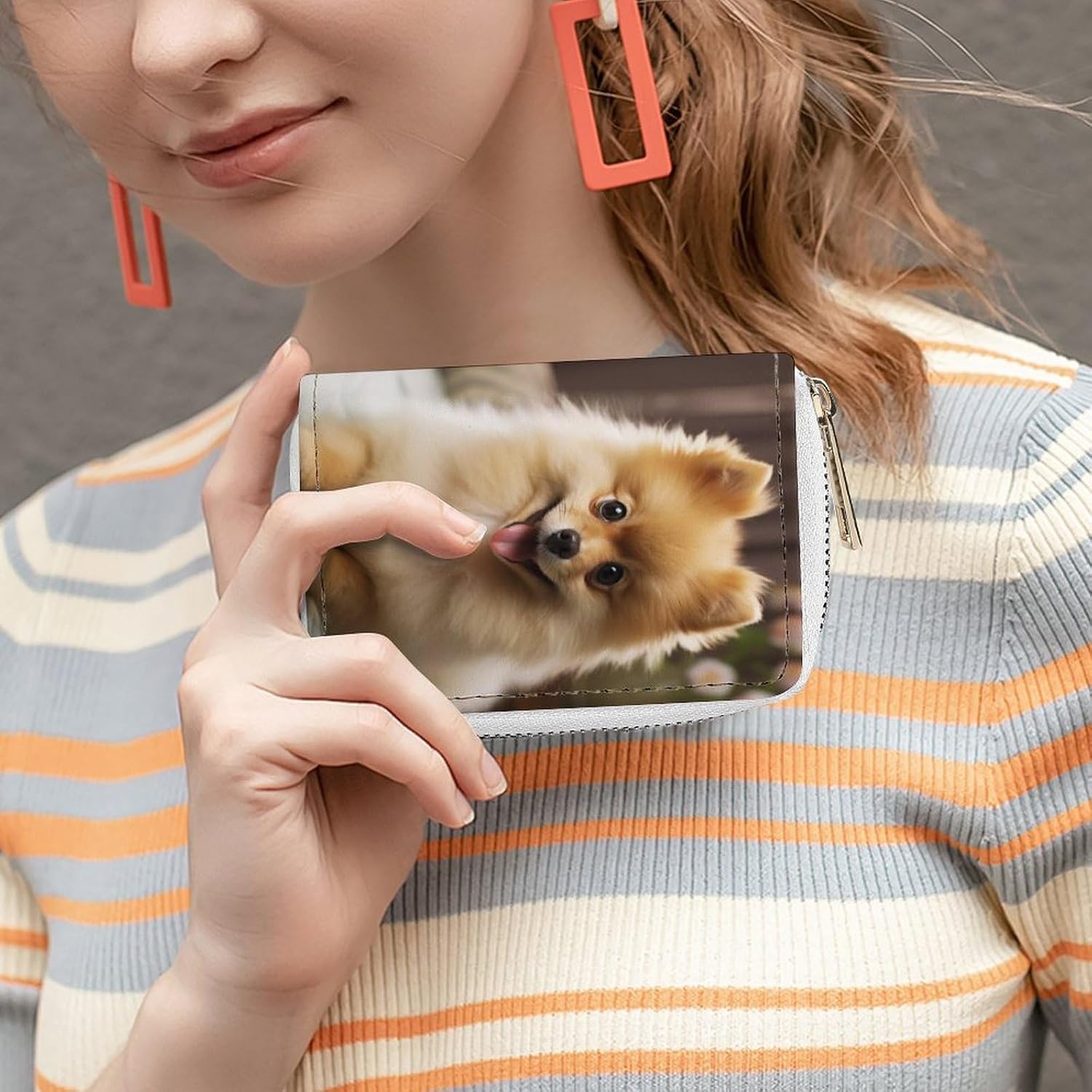 Leather Card Organizer Case Card Wallet Credit Card Holder Cute Pomeranian Dog Printed Zipper Card Cases Holder for Women Men