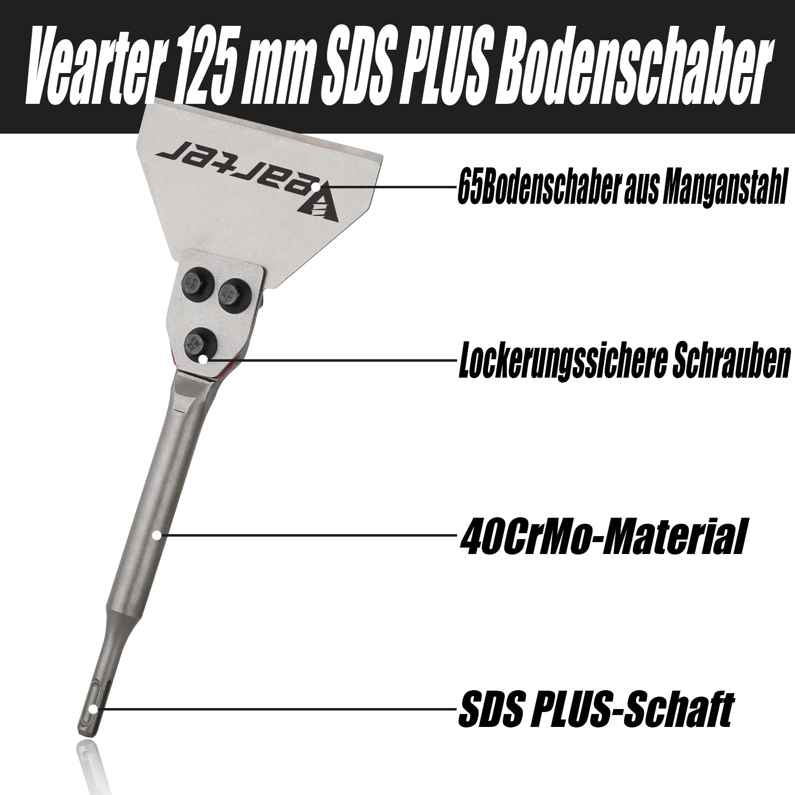 SDS Plus Spachtelmeißel Meißel, 300x125mm Bodenschaber 40CrMo Schaft, Fliesenmeißel für Abziehen von Fliesen, Fußbodenkleber, Linoleum, Fliesenkleber, Farbe