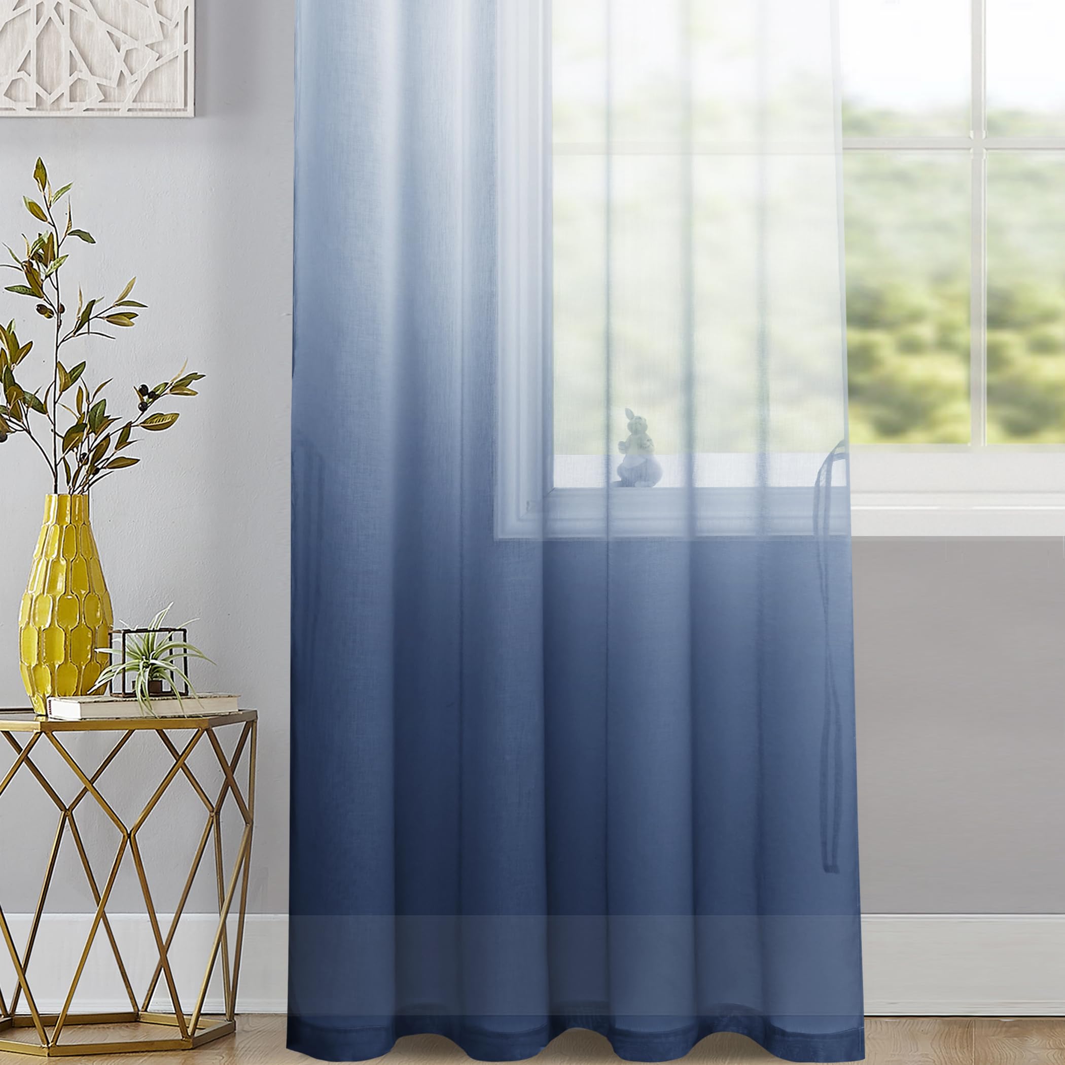 Lot de 2 voilages dégradés ombrés pour chambre à coucher et salon - Rideaux à passants 225 x 140 cm Bleu denim